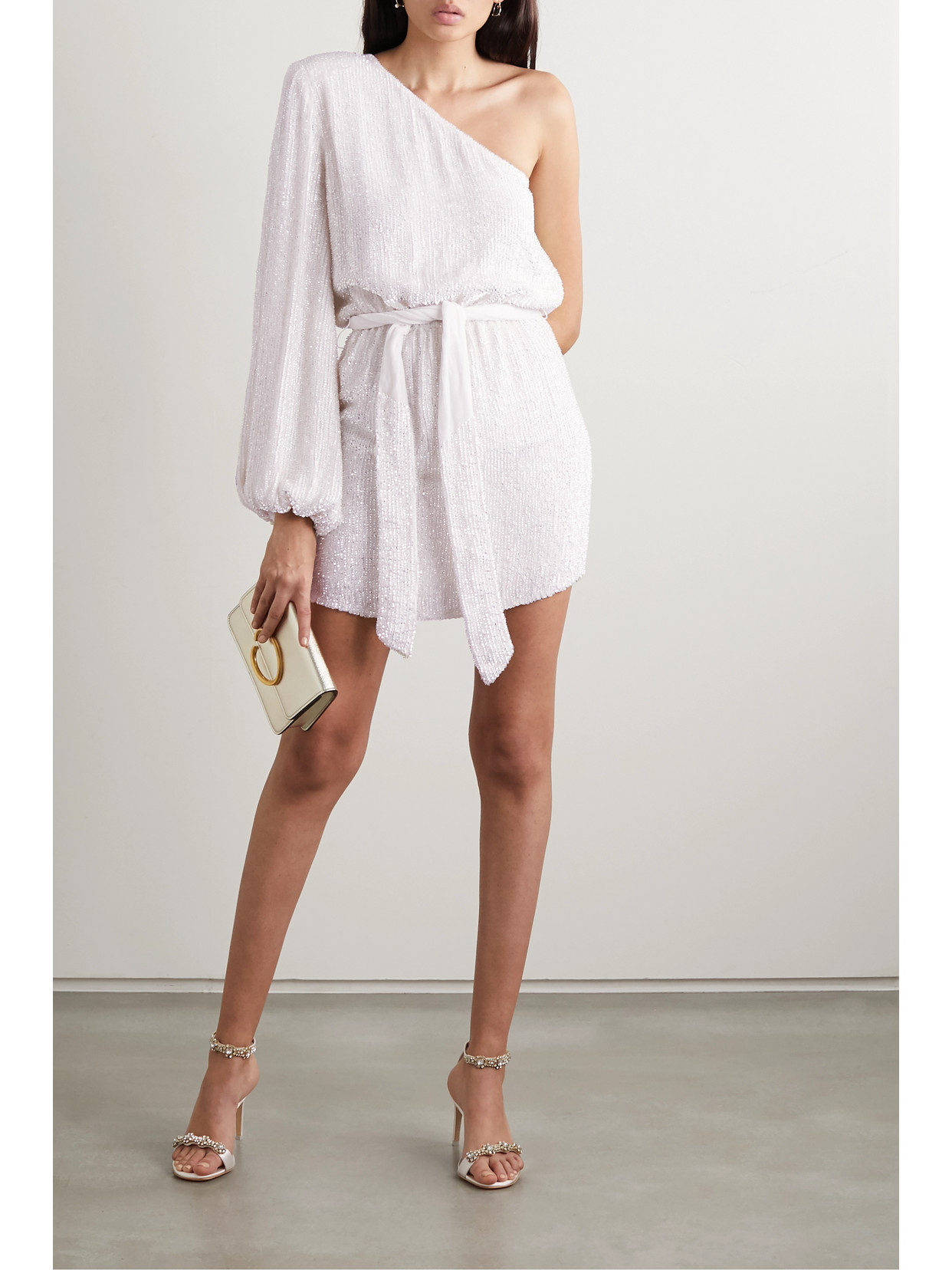 Shop Retroféte Bridgette One-shoulder Velvet-trimmed Sequined Chiffon Mini Dress In White