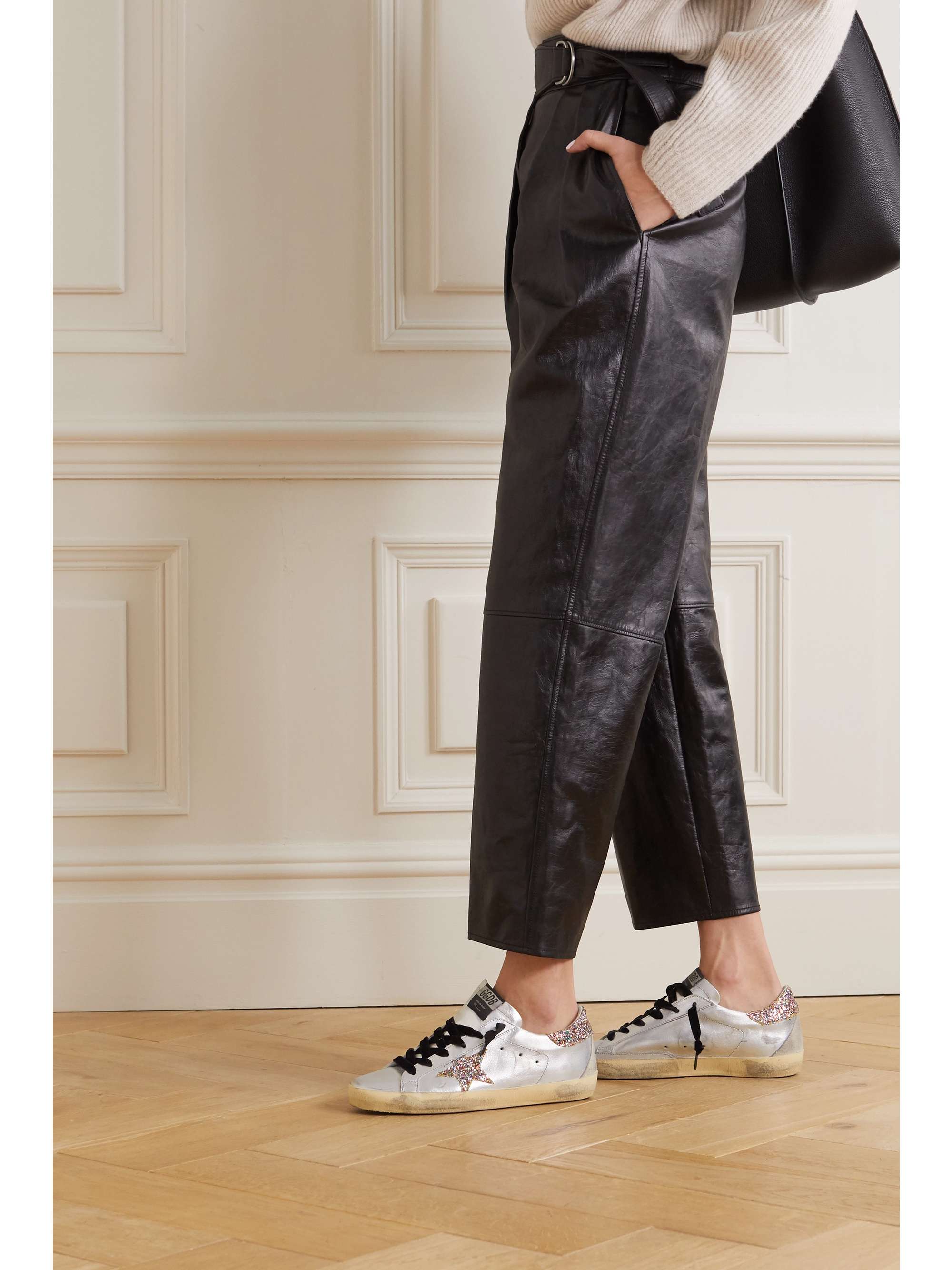 GOLDEN GOOSE Superstar distressed glittered metallic leather sneakers