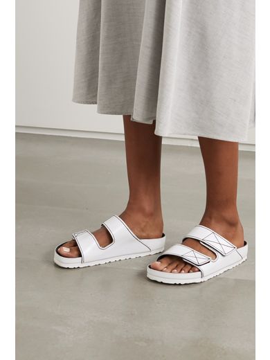 White + Birkenstock Arizona topstitched glossed-leather sandals | NET-A-PORTER | PROENZA 
