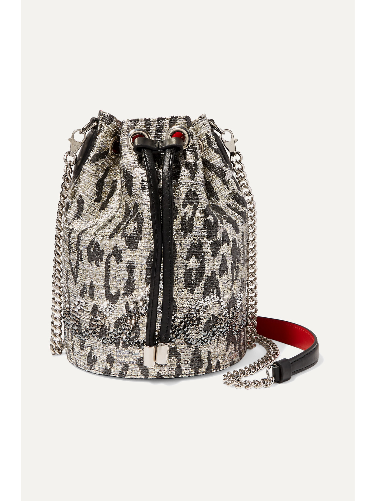 CHRISTIAN LOUBOUTIN MARIE JANE LEATHER-TRIMMED CRYSTAL-EMBELLISHED METALLIC TWEED BUCKET BAG