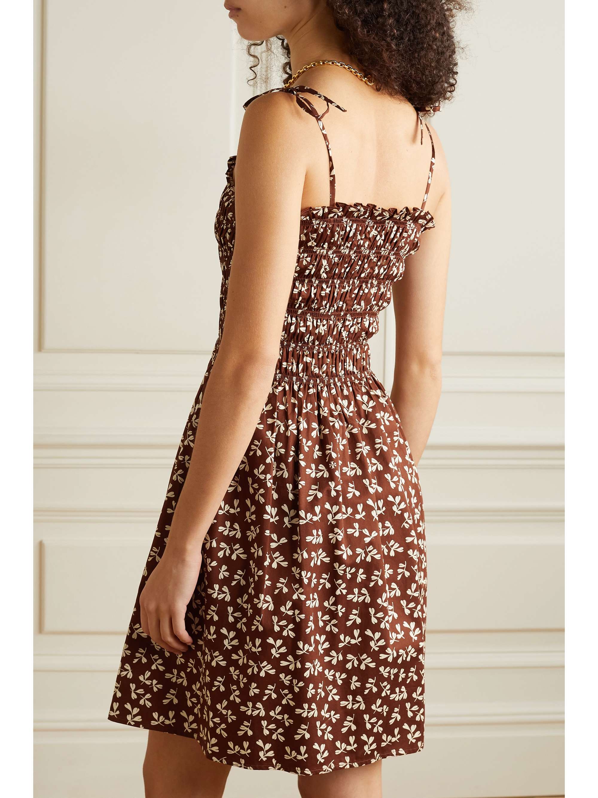 TORY BURCH Smocked printed cotton-poplin mini dress