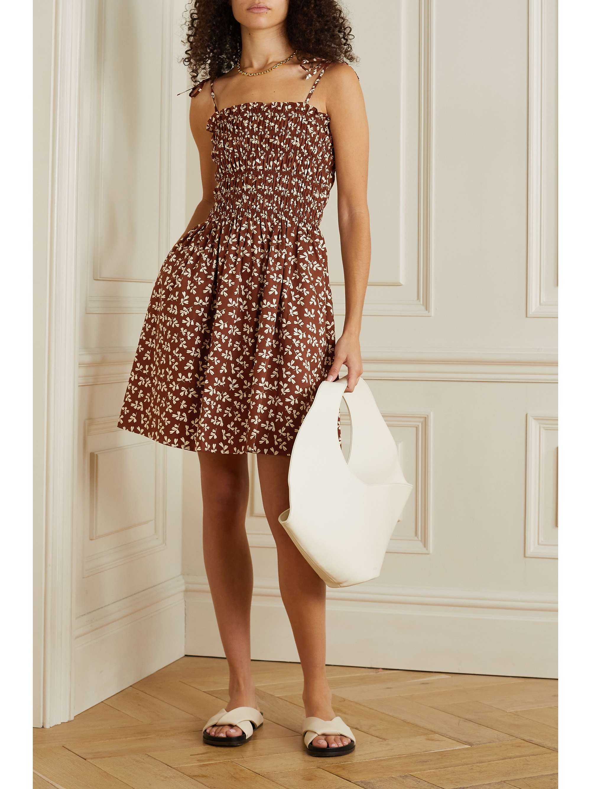 TORY BURCH Smocked printed cotton-poplin mini dress