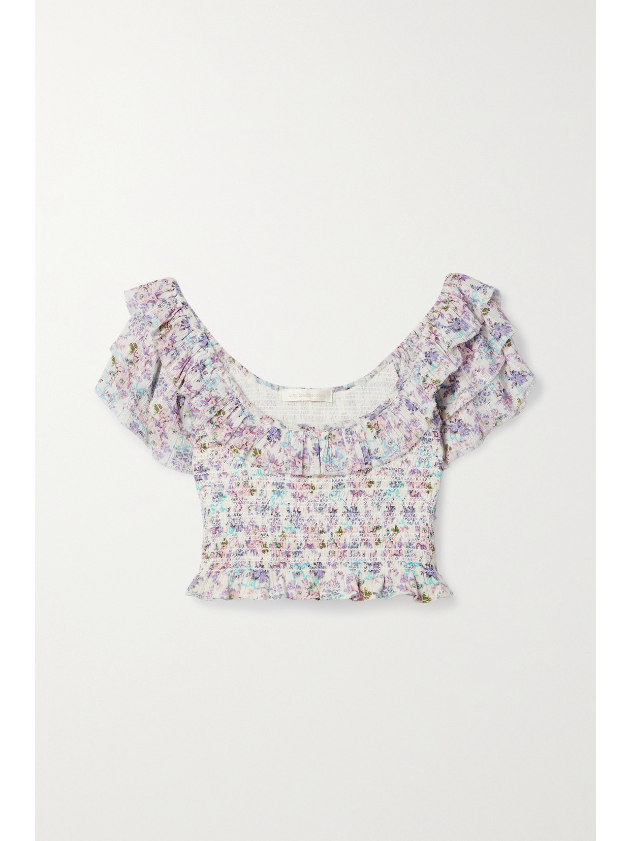 LoveShackFancy Saba Cropped Shirred Floral-print Cotton And Lurex-blend Voile Top - Blue