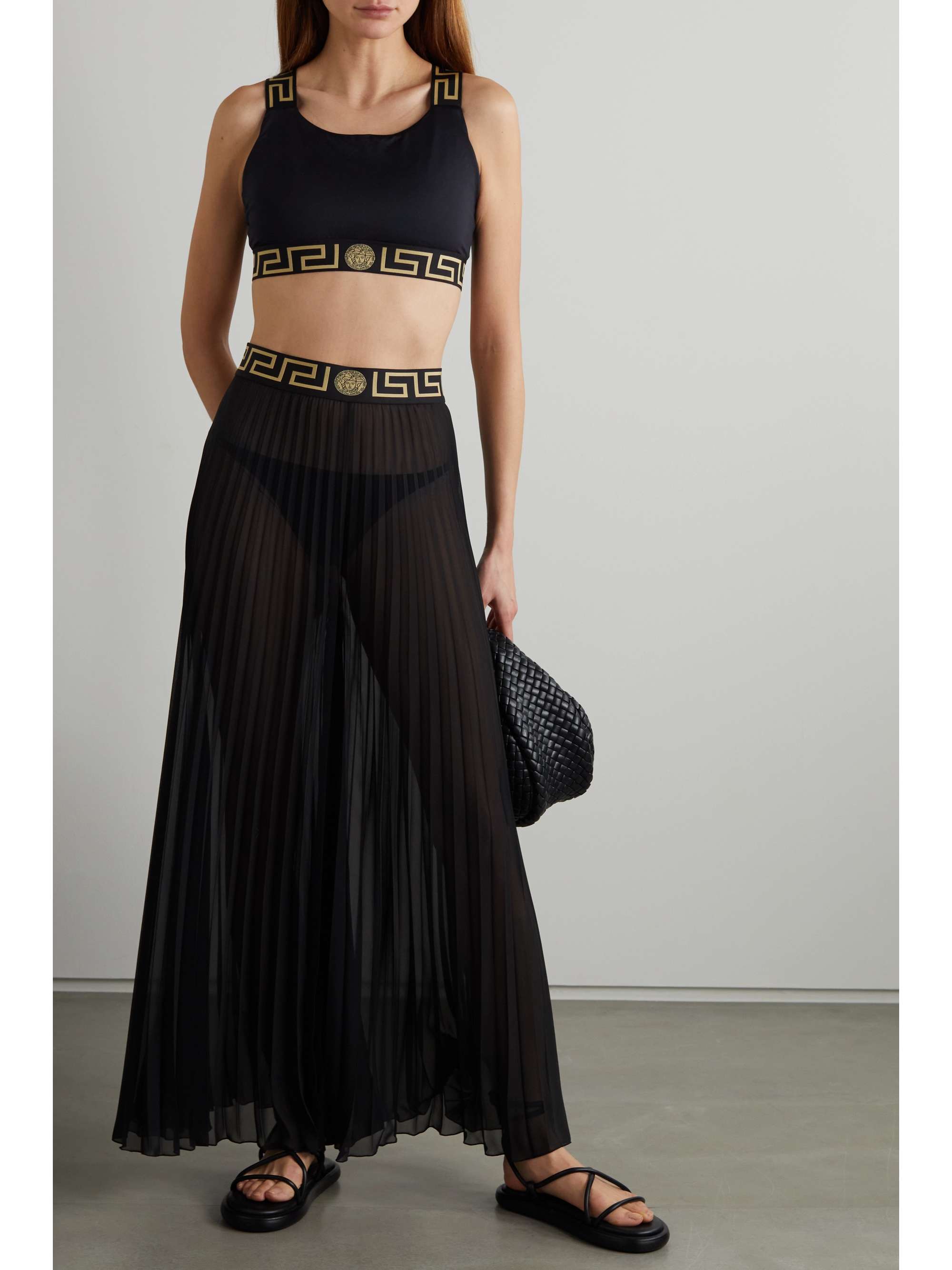 Black Plissé-chiffon wide-leg pants 