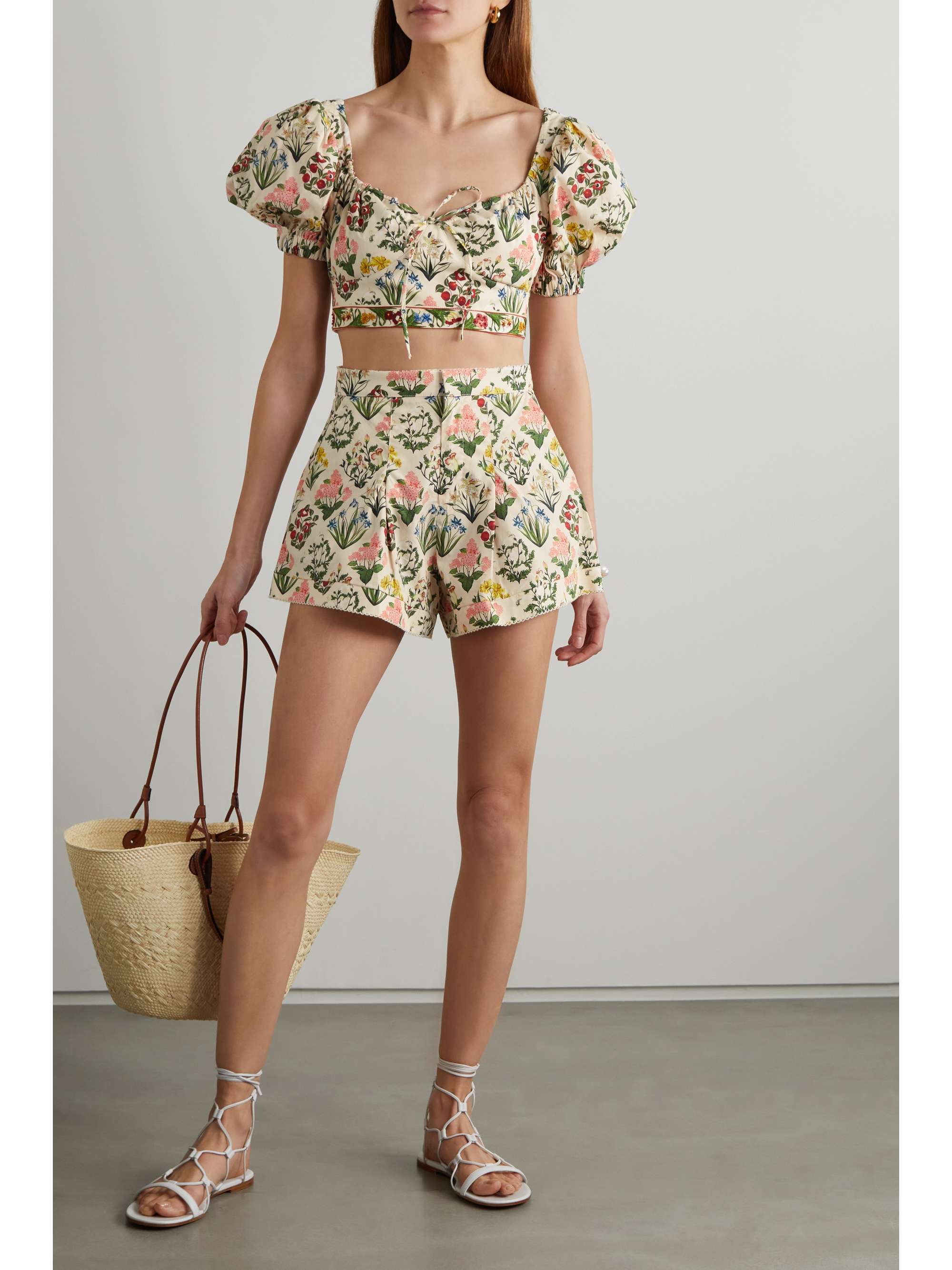 AGUA BY AGUA BENDITA Palmarosa cropped floral-print organic cotton-poplin top