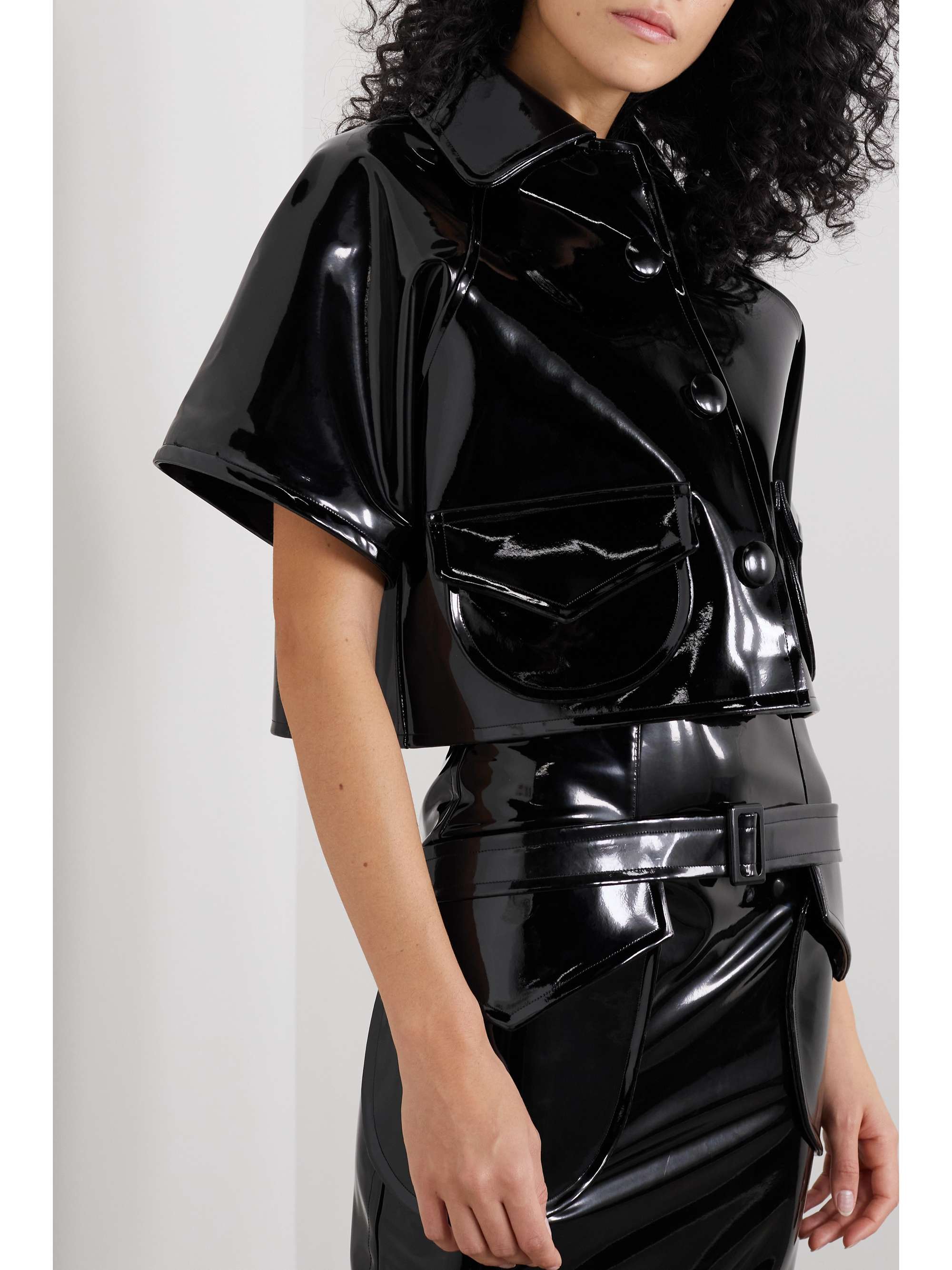 BENCHELLAL + NET SUSTAIN faux patent-leather cropped shirt