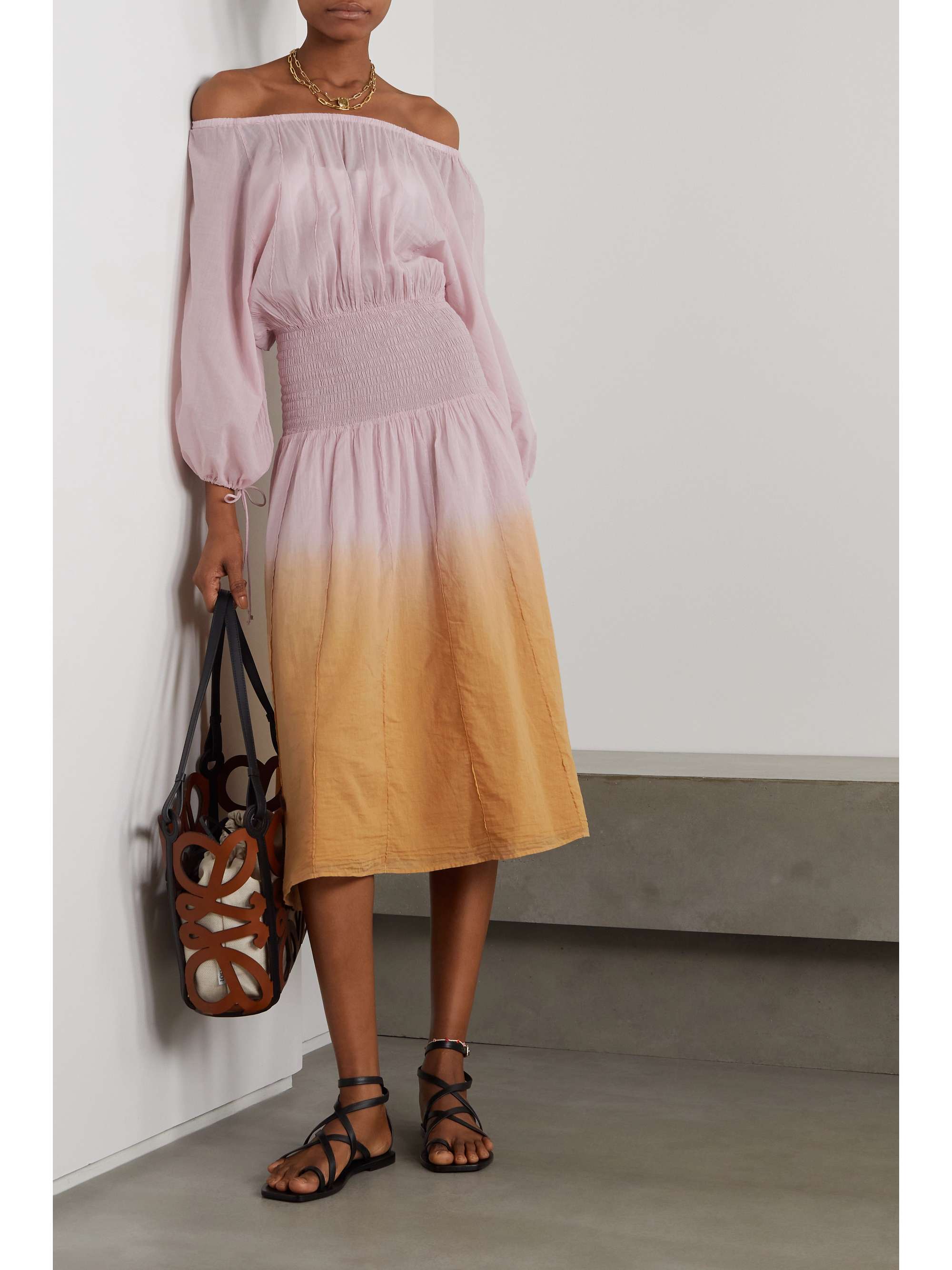 SKIN Barrie shirred cotton-voile midi dress