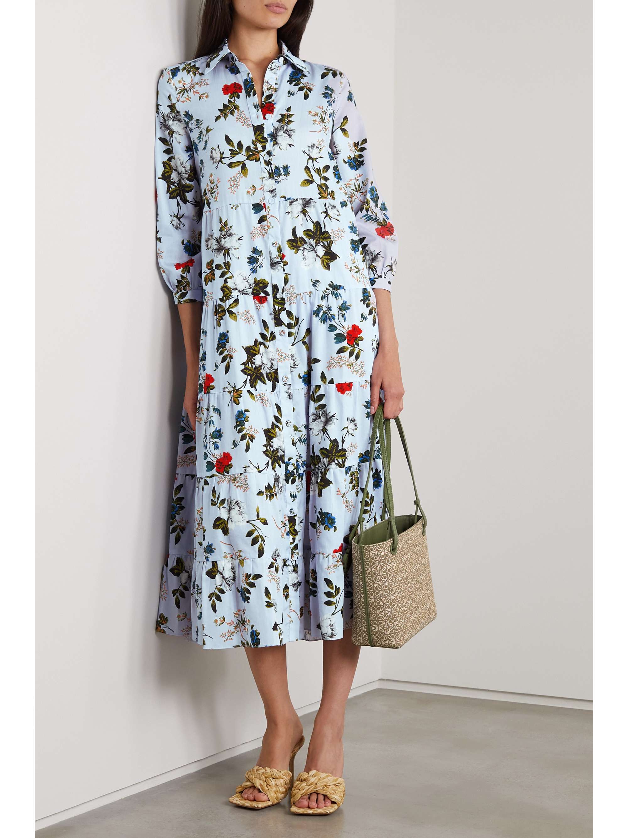 Sky blue Patmos tiered floral-print cotton-poplin midi shirt dress ...