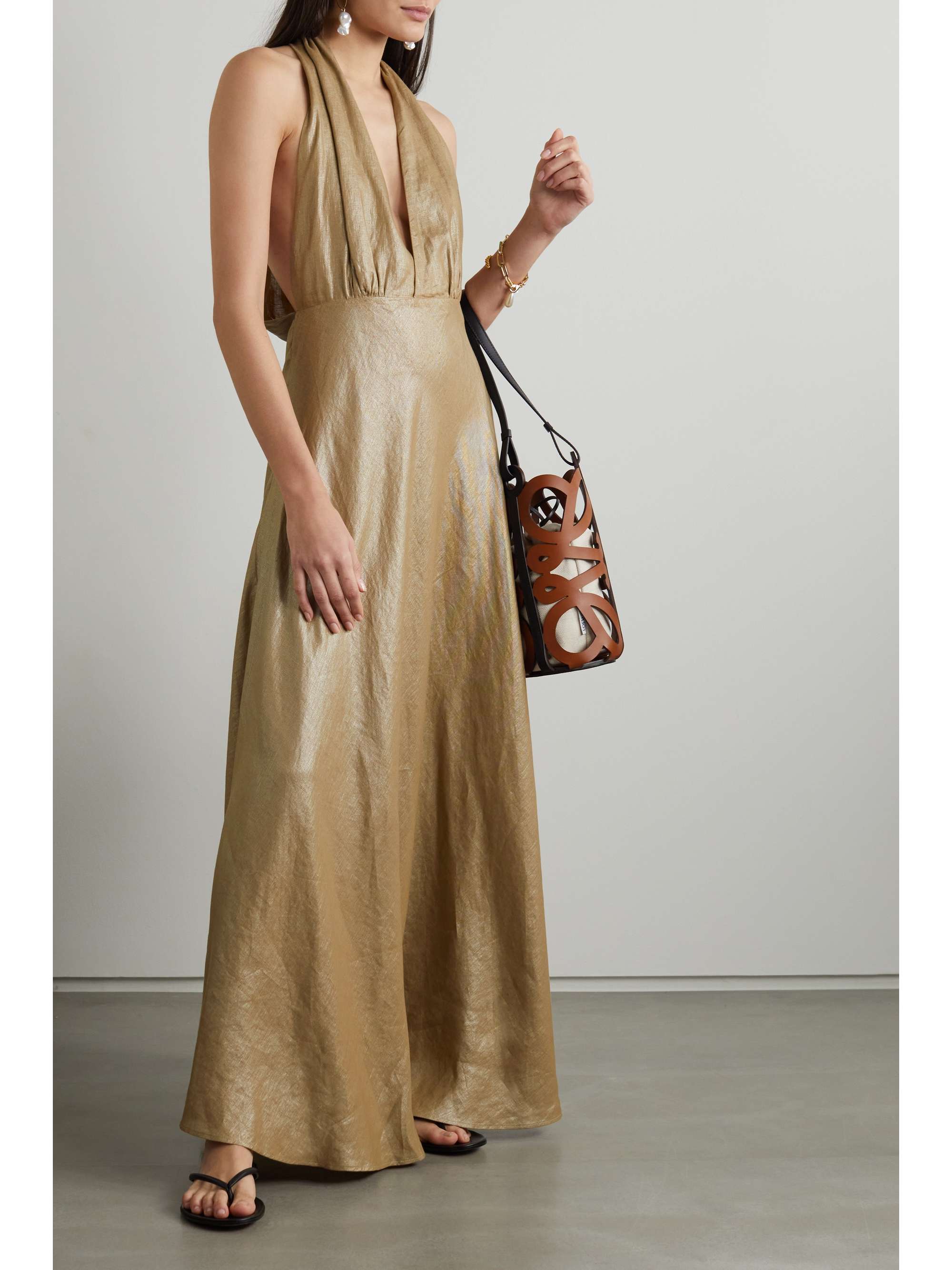Gold Cypress draped metallic linen maxi 