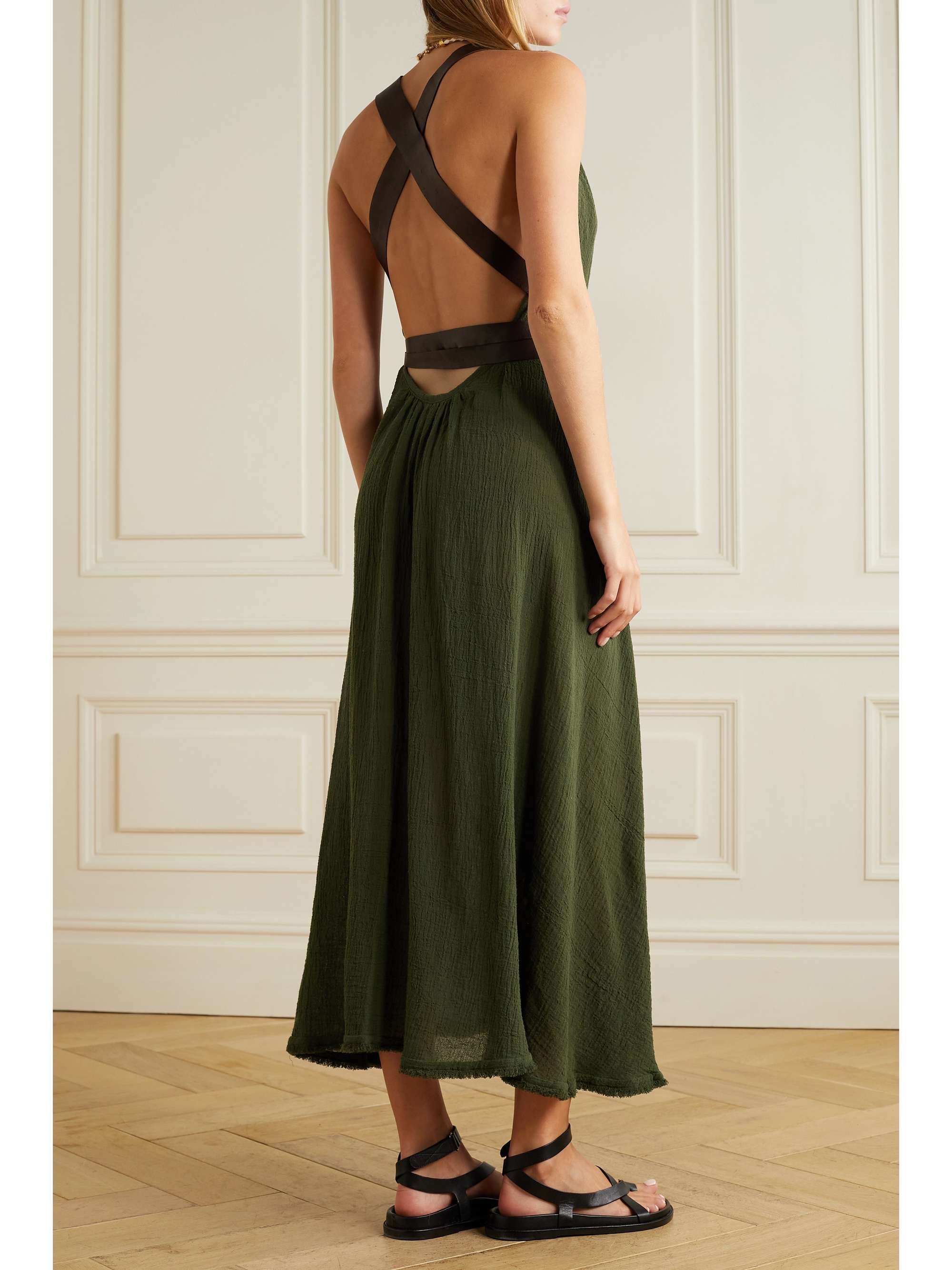 CARAVANA Ayim open-back leather-trimmed cotton-gauze midi dress