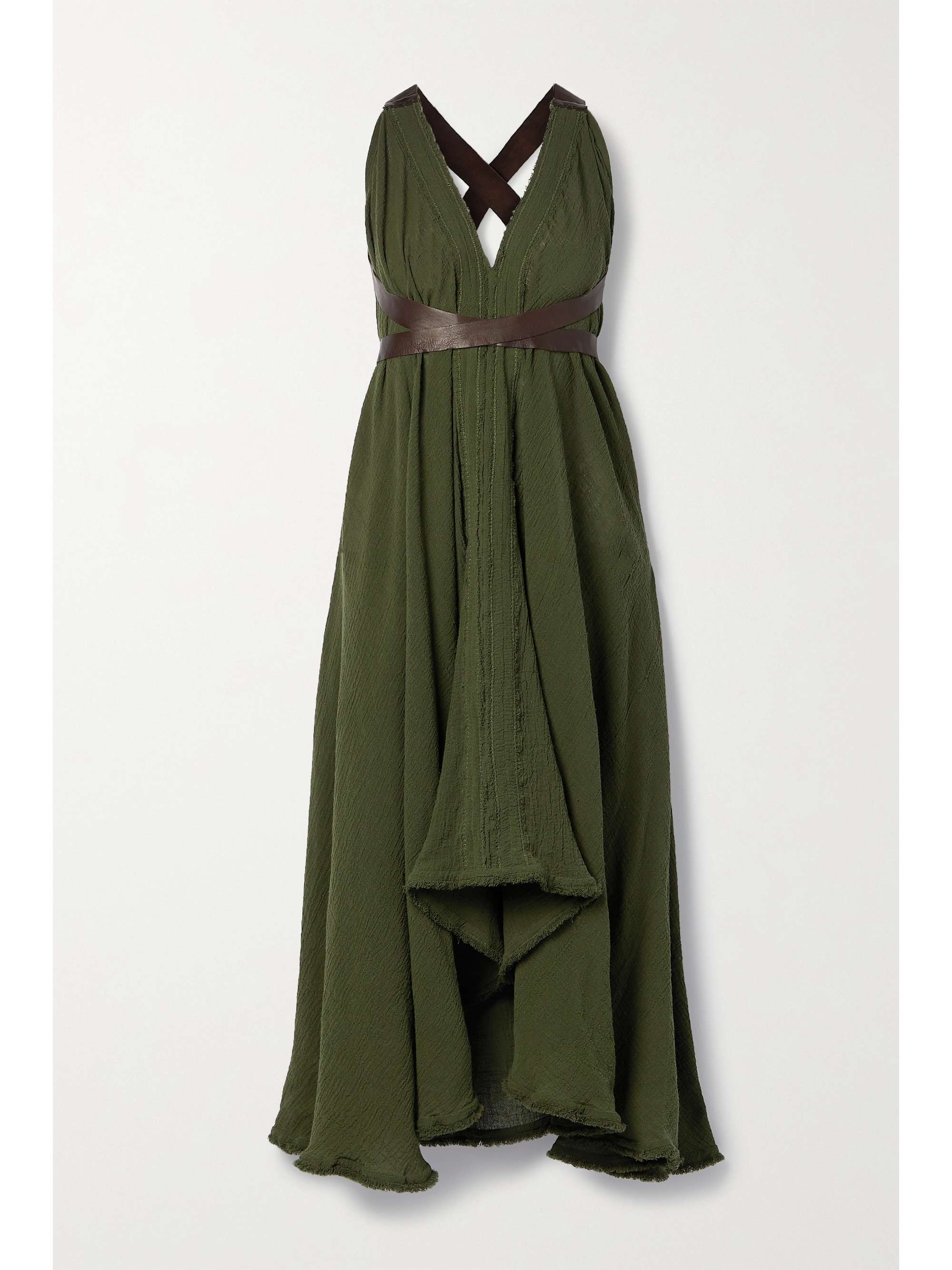 Army green Ayim open-back leather-trimmed cotton-gauze midi dress |  CARAVANA | NET-A-PORTER