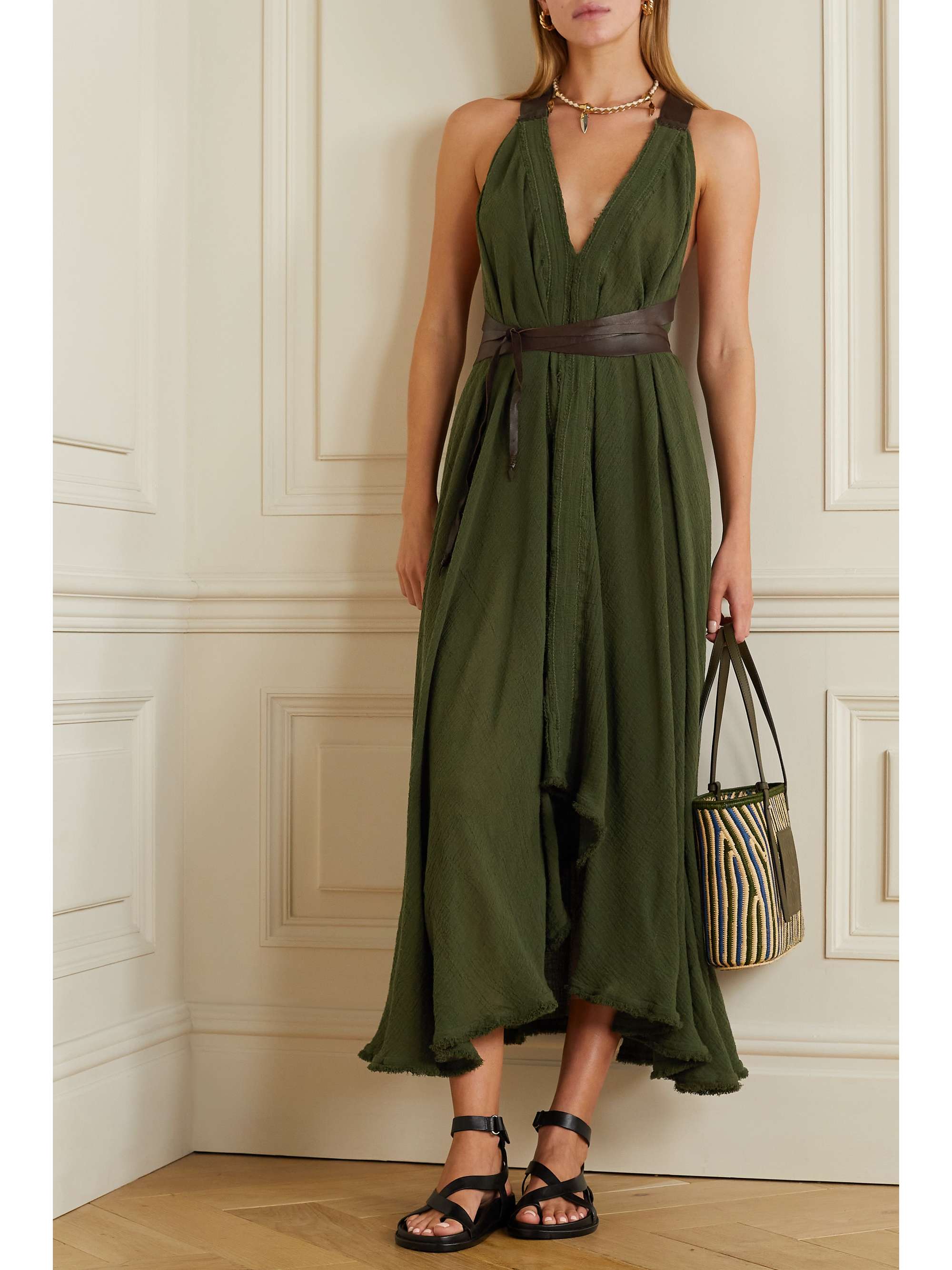 CARAVANA Ayim open-back leather-trimmed cotton-gauze midi dress