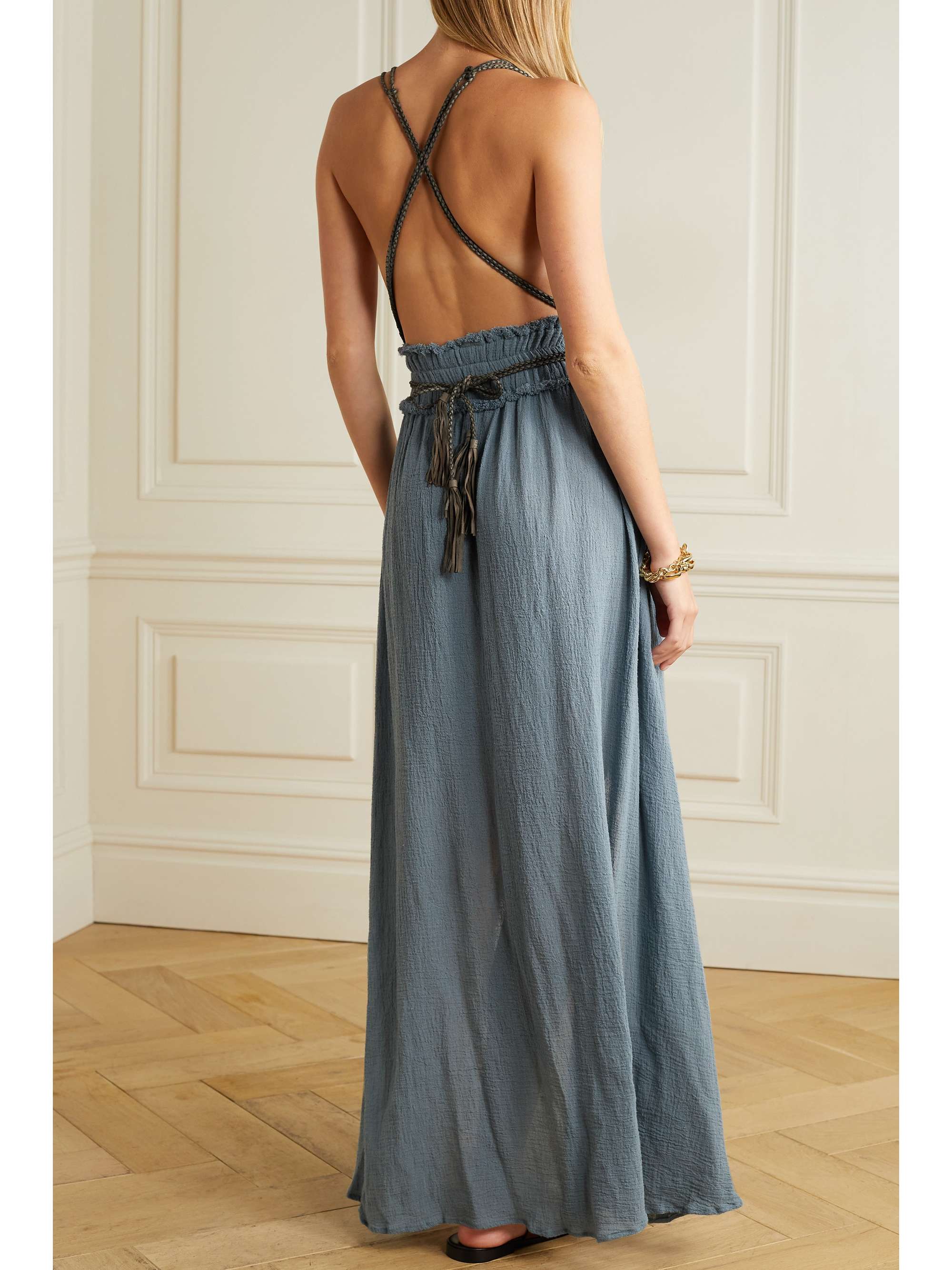 CARAVANA Alak open-back leather-trimmed cotton-gauze maxi dress