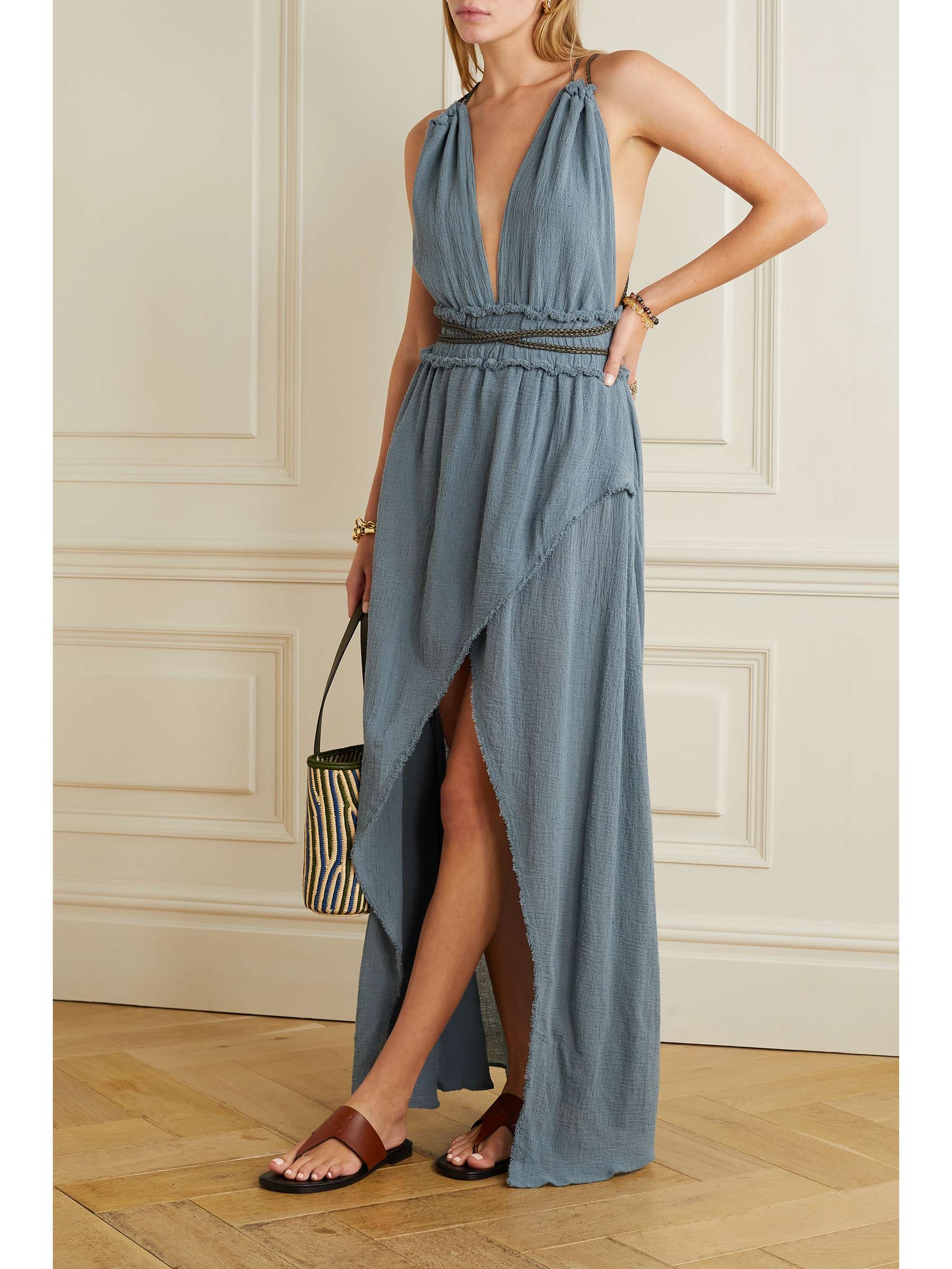 CARAVANA Alak open-back leather-trimmed cotton-gauze maxi dress