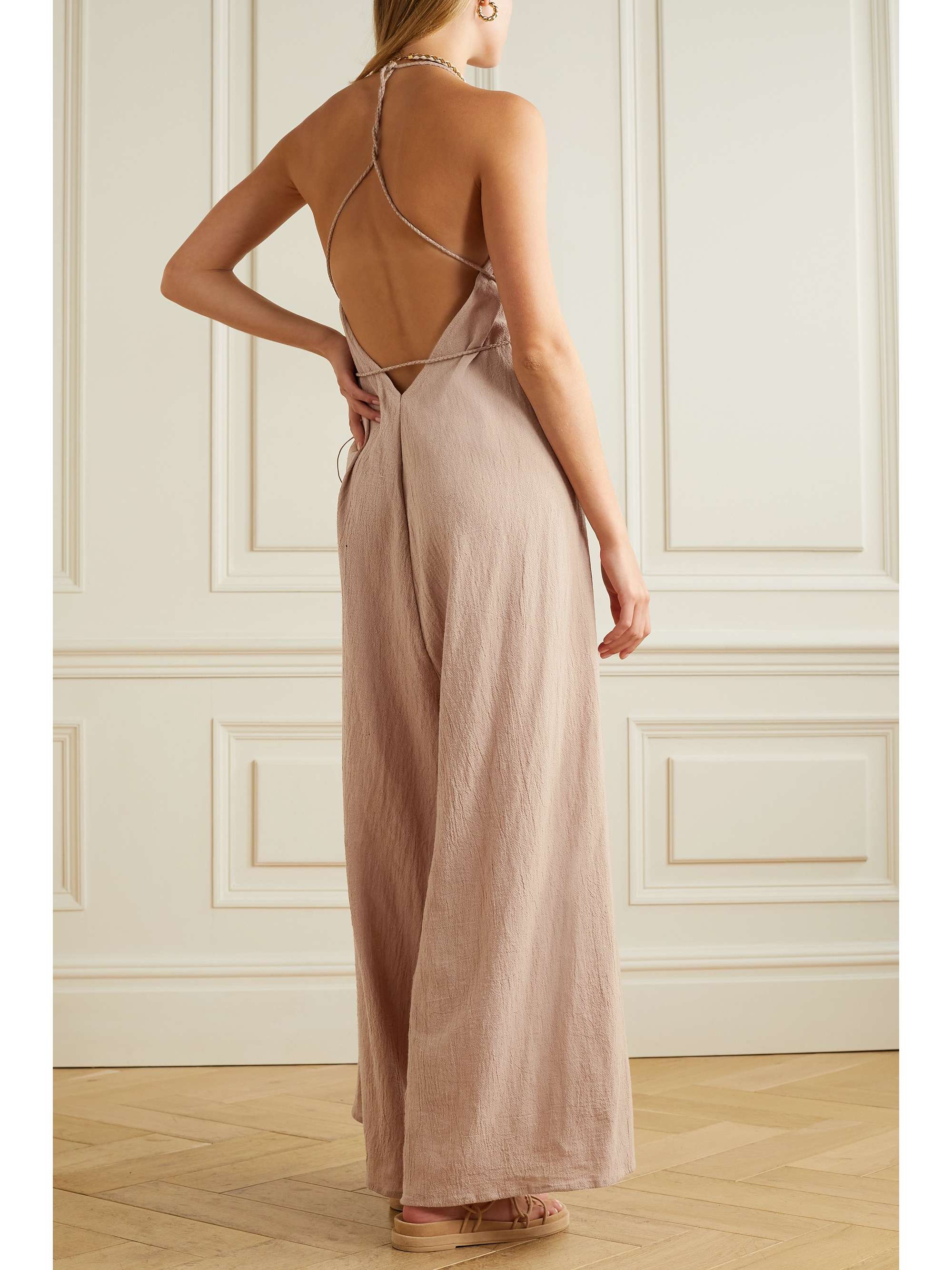 CARAVANA Pakkun open-back leather-trimmed cotton-gauze jumpsuit