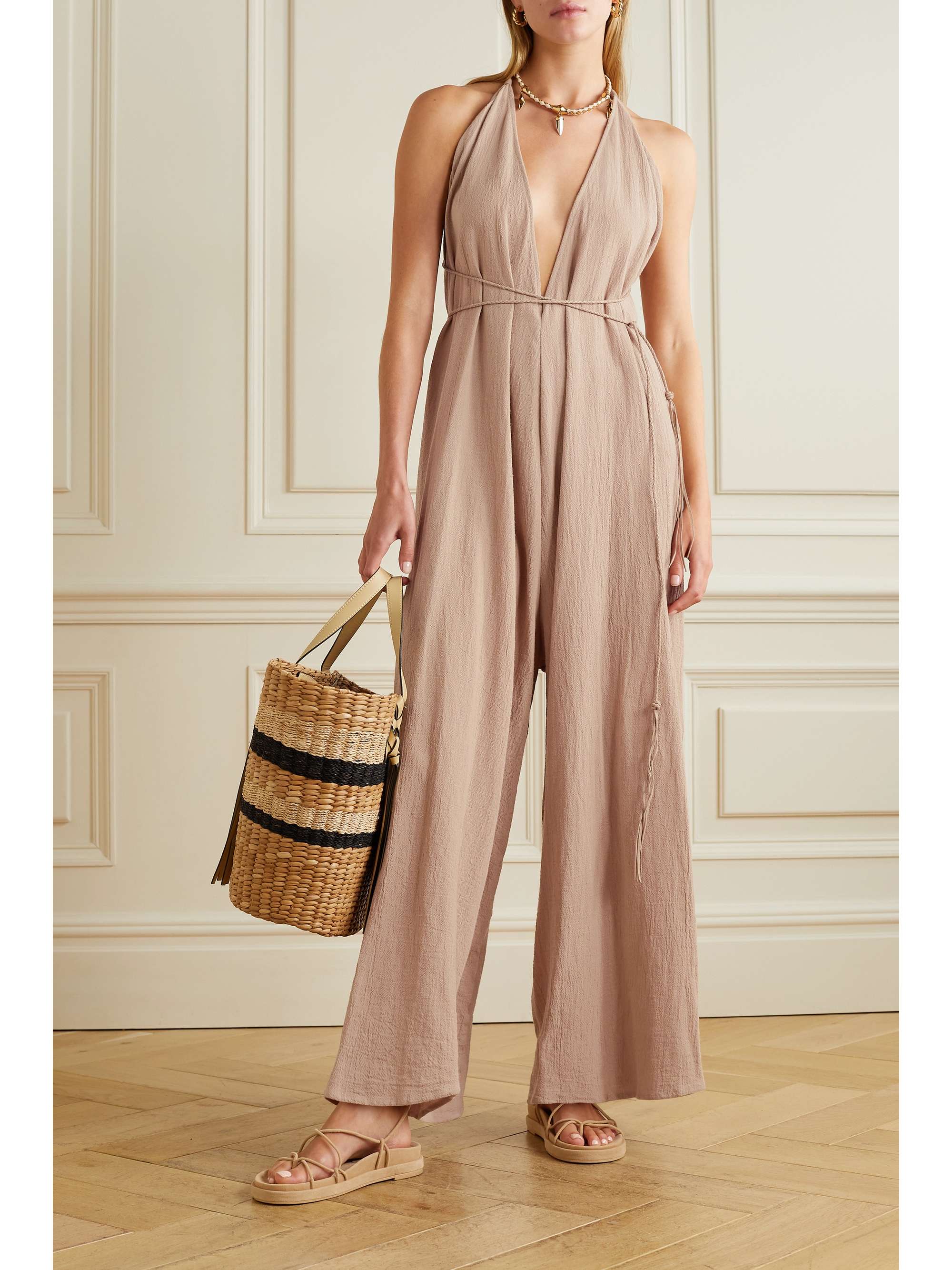 CARAVANA Pakkun open-back leather-trimmed cotton-gauze jumpsuit