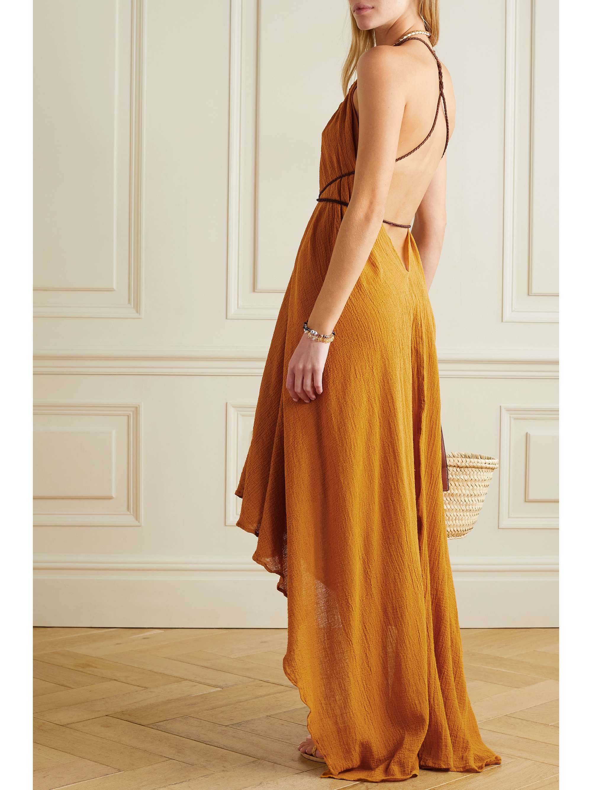 CARAVANA Ayikal open-back leather-trimmed cotton-gauze maxi dress