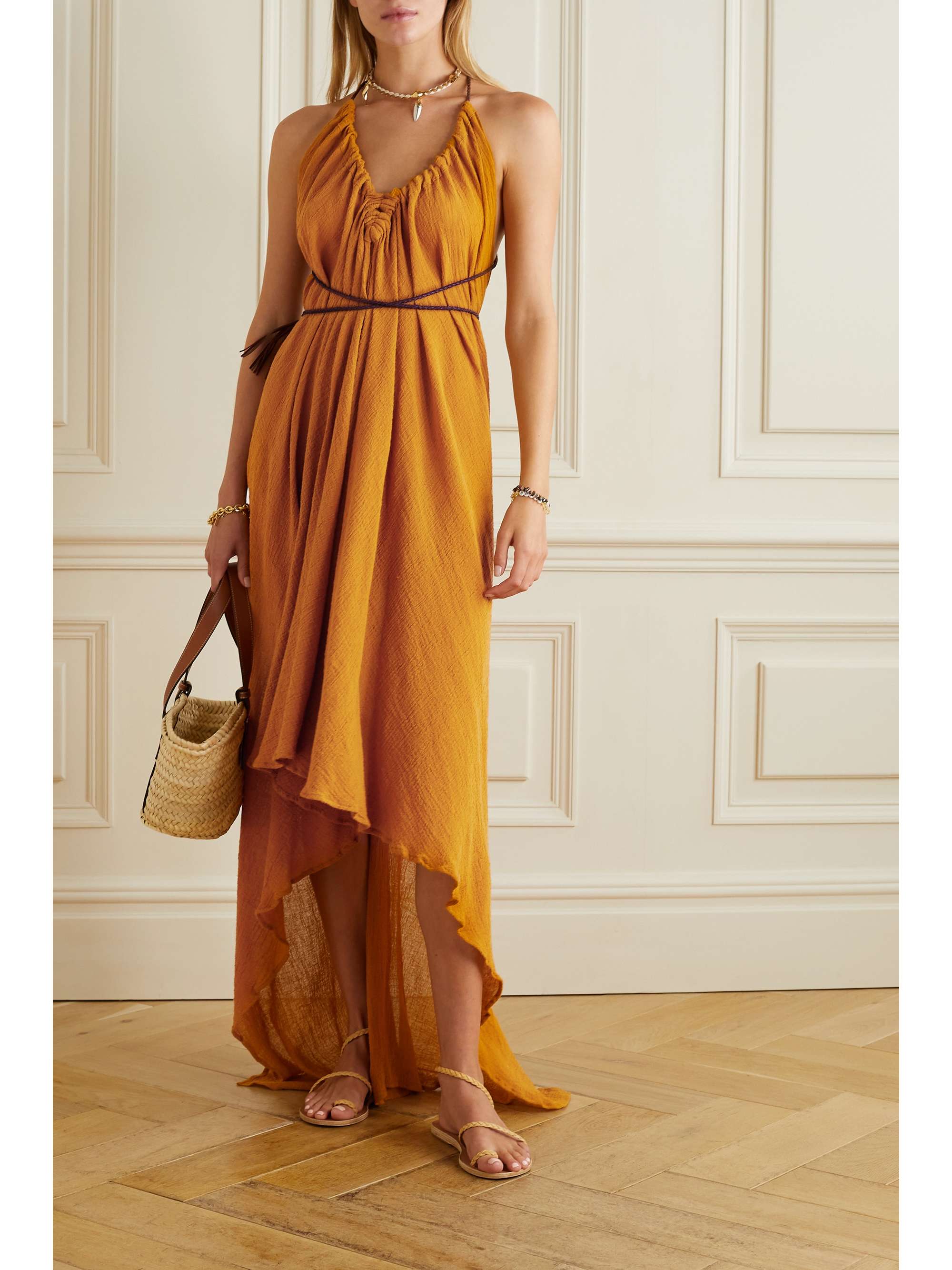 CARAVANA Ayikal open-back leather-trimmed cotton-gauze maxi dress