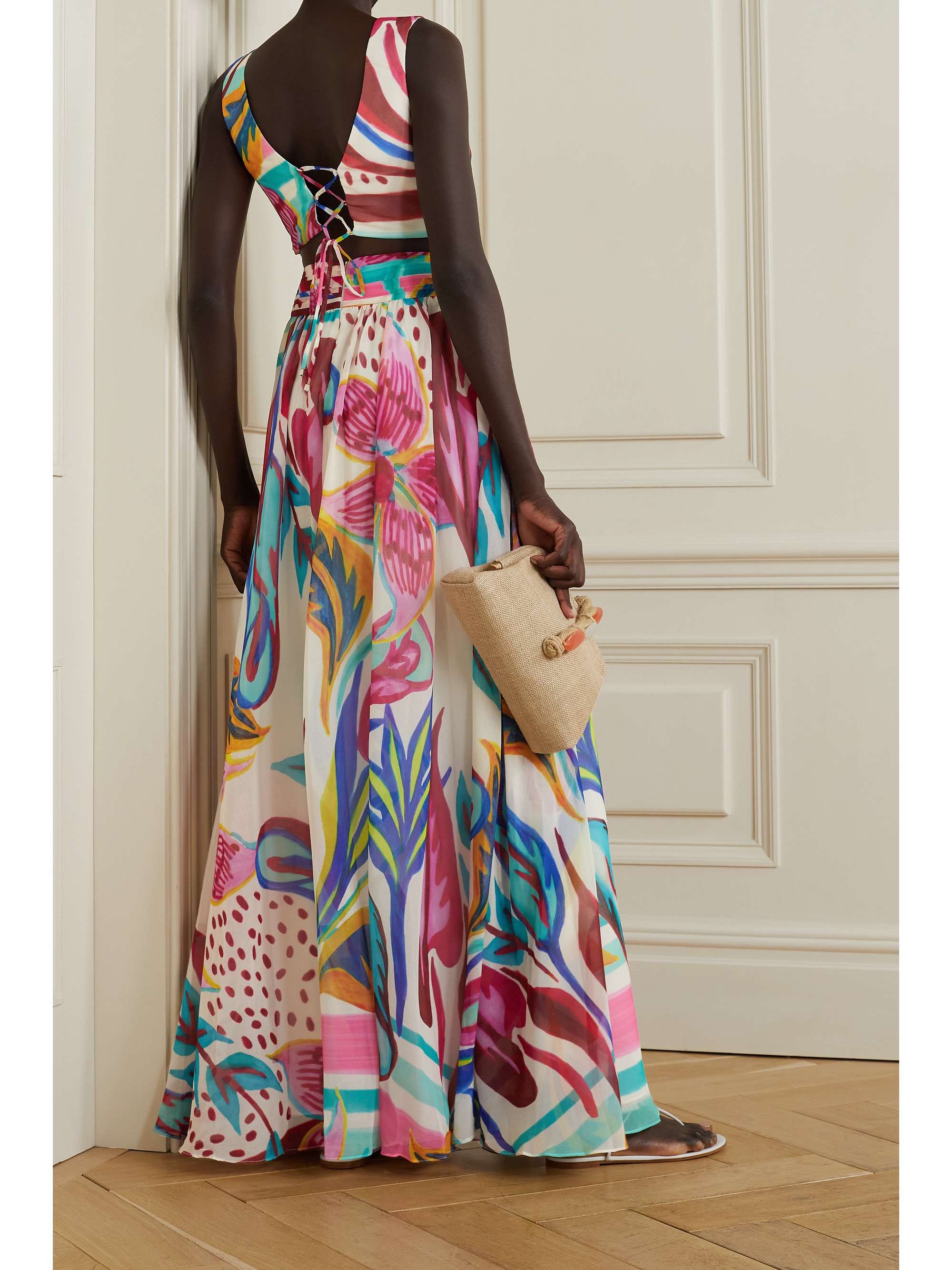 PATBO Flora cutout ruffled printed georgette maxi dress