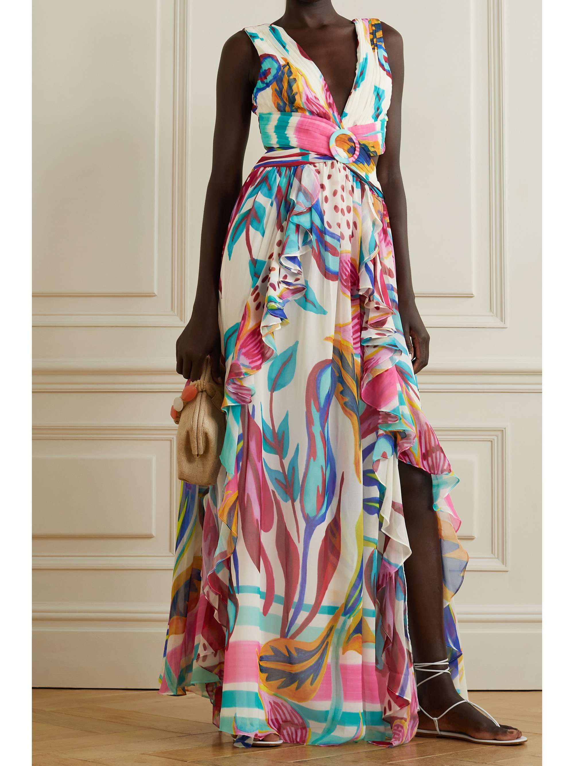 PATBO Flora cutout ruffled printed georgette maxi dress