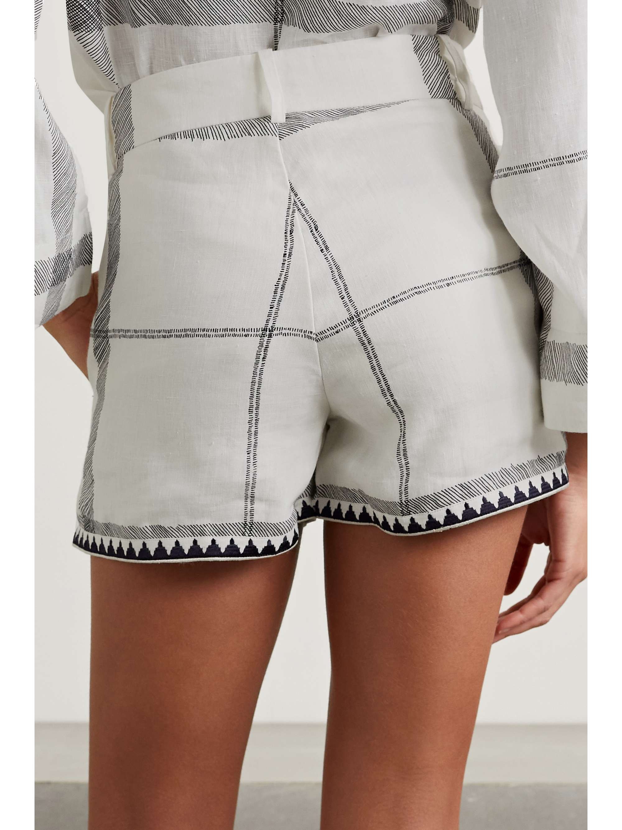EMPORIO SIRENUSE Kantha embroidered checked linen shorts