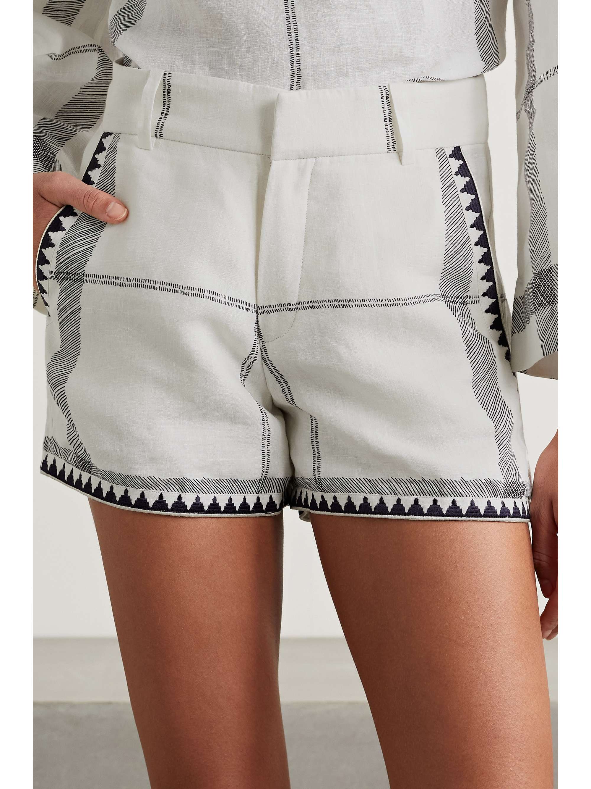 EMPORIO SIRENUSE Kantha embroidered checked linen shorts