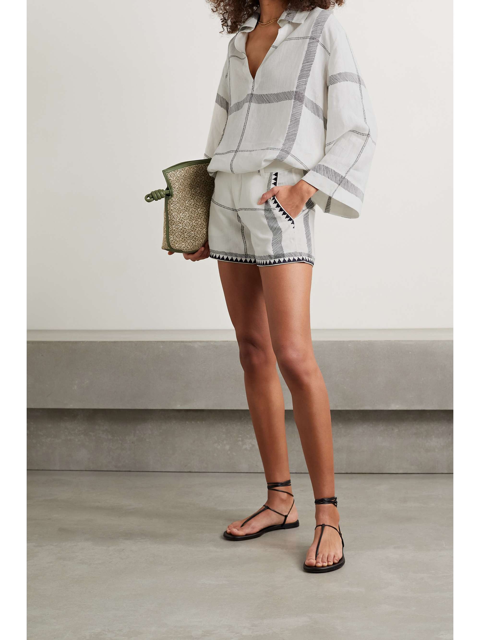 EMPORIO SIRENUSE Kantha embroidered checked linen shorts