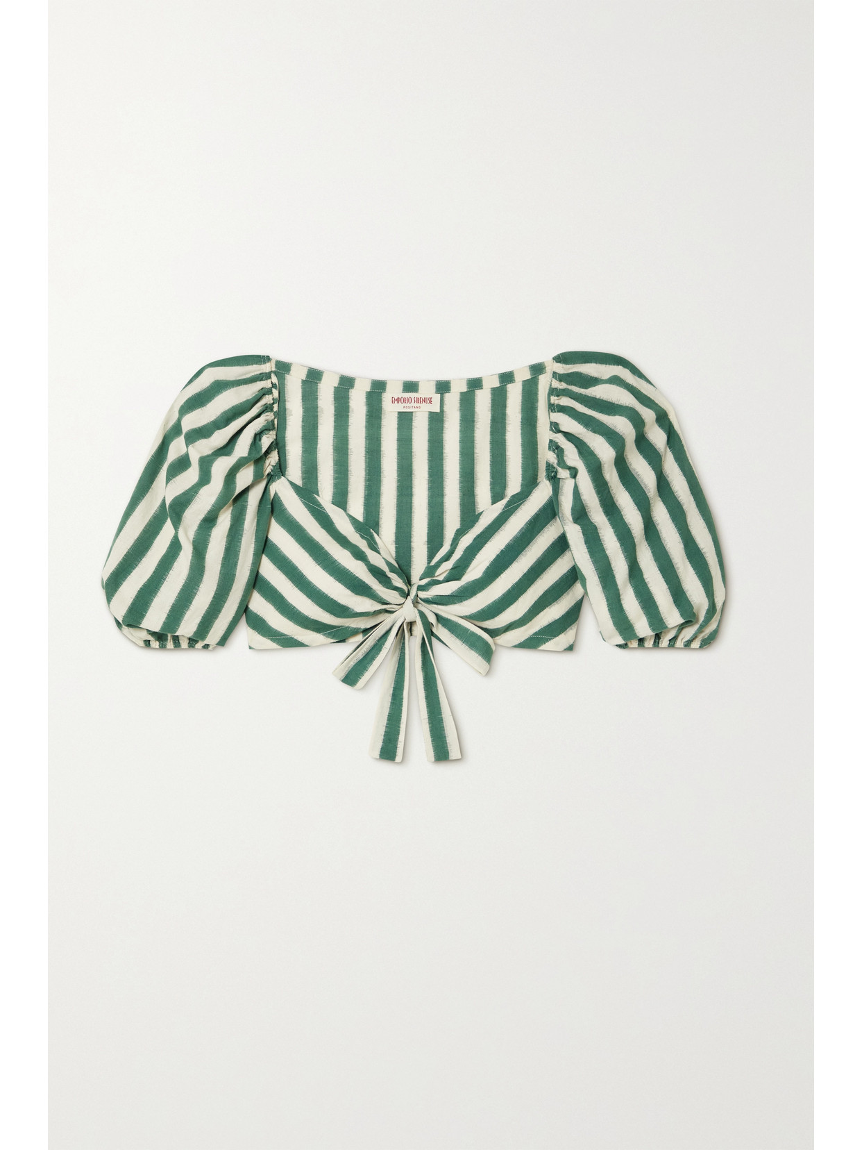 Emporio Sirenuse Thaia Ikat Cropped Tie-front Striped Cotton Top In Green
