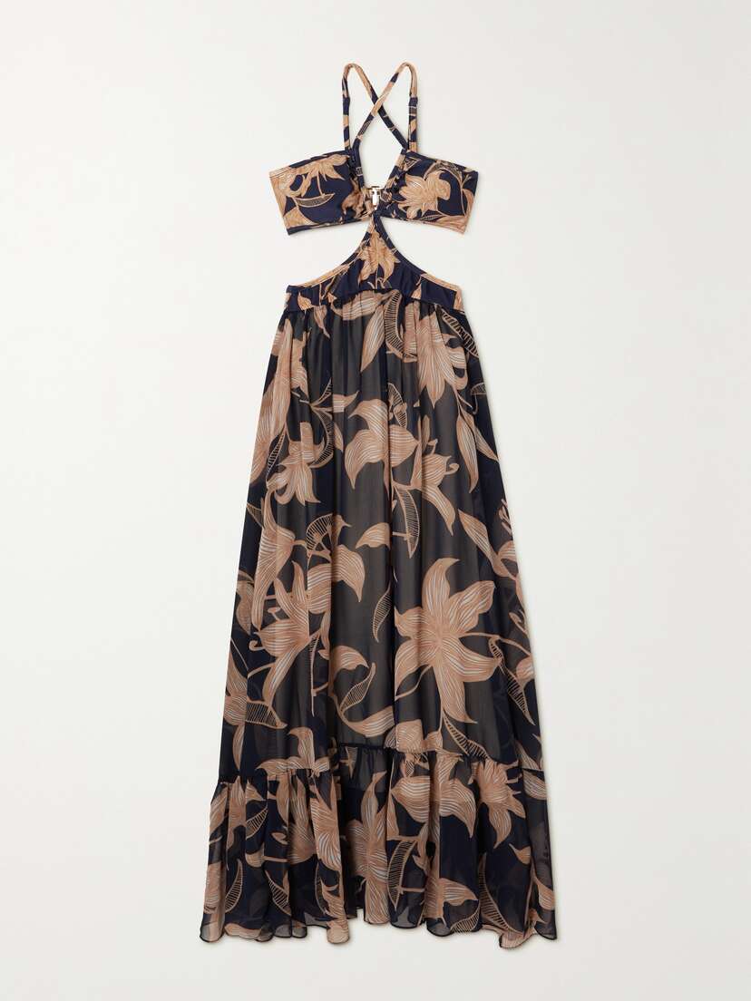 PatBo Stargazer Cutout Floral-print Chiffon And Stretch-jersey Maxi Dress