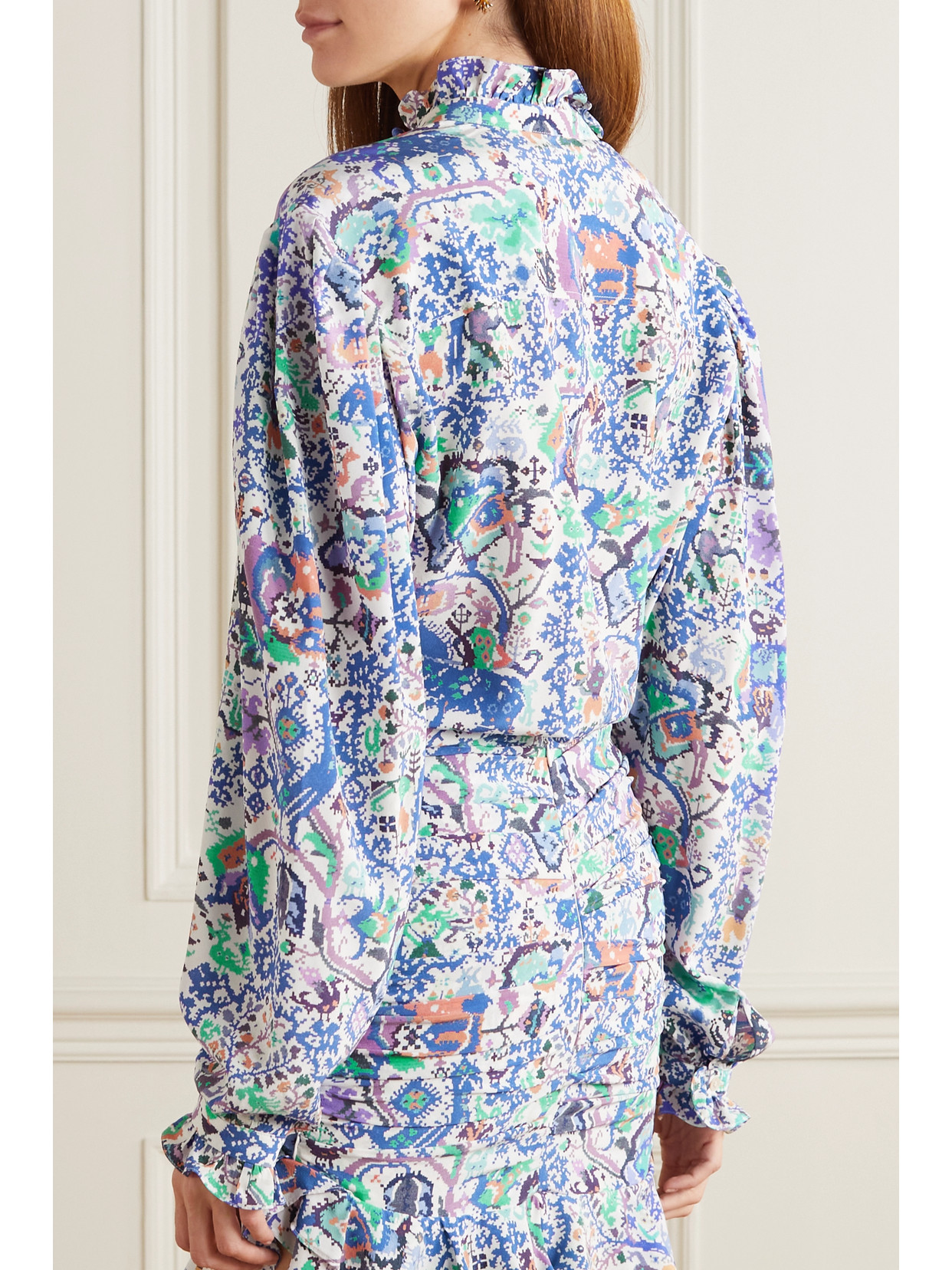 Isabel Marant Banessa Ruffled Printed Silk-blend Crepe Blouse In Blue
