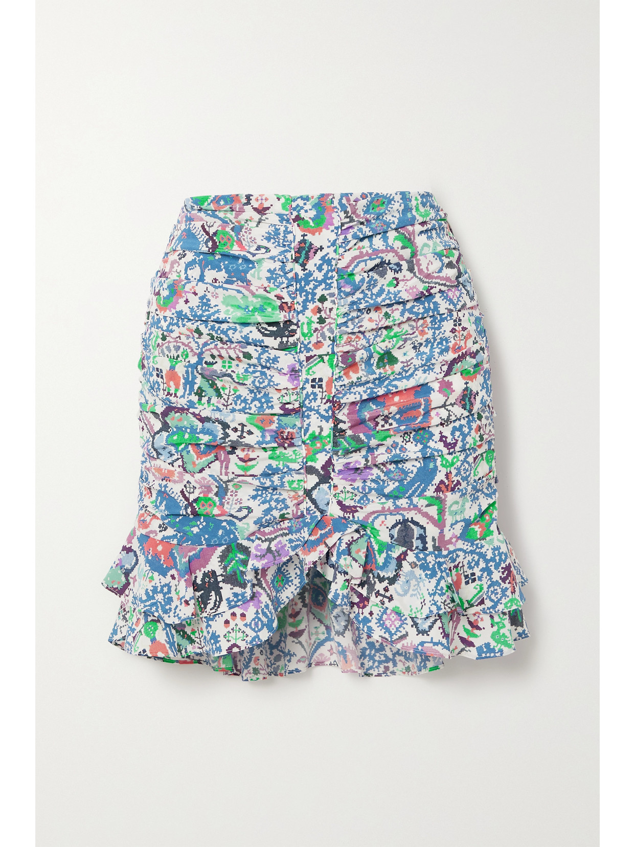 ISABEL MARANT MILENDI RUFFLED RUCHED PRINTED SILK-BLEND CREPE MINI SKIRT