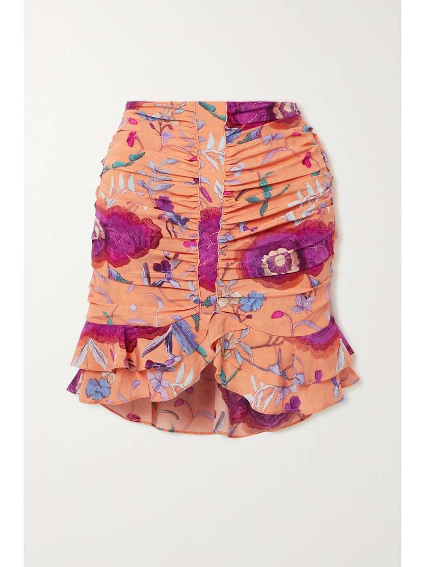 Isabel Marant Milendi Ruffled Ruched Printed Silk-blend Crepe Mini Skirt