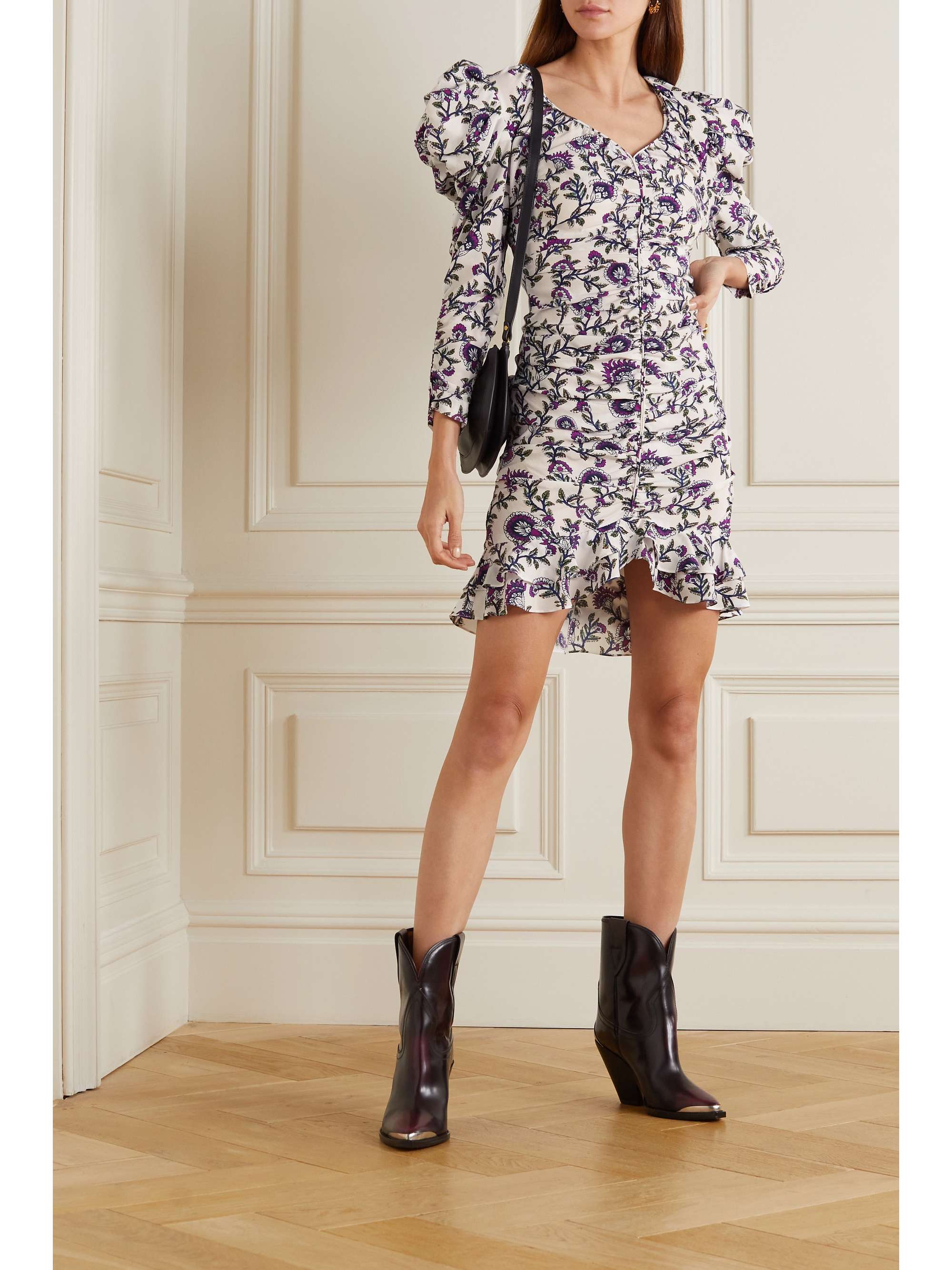 ISABEL MARANT Bireya ruched printed silk-blend crepe mini dress
