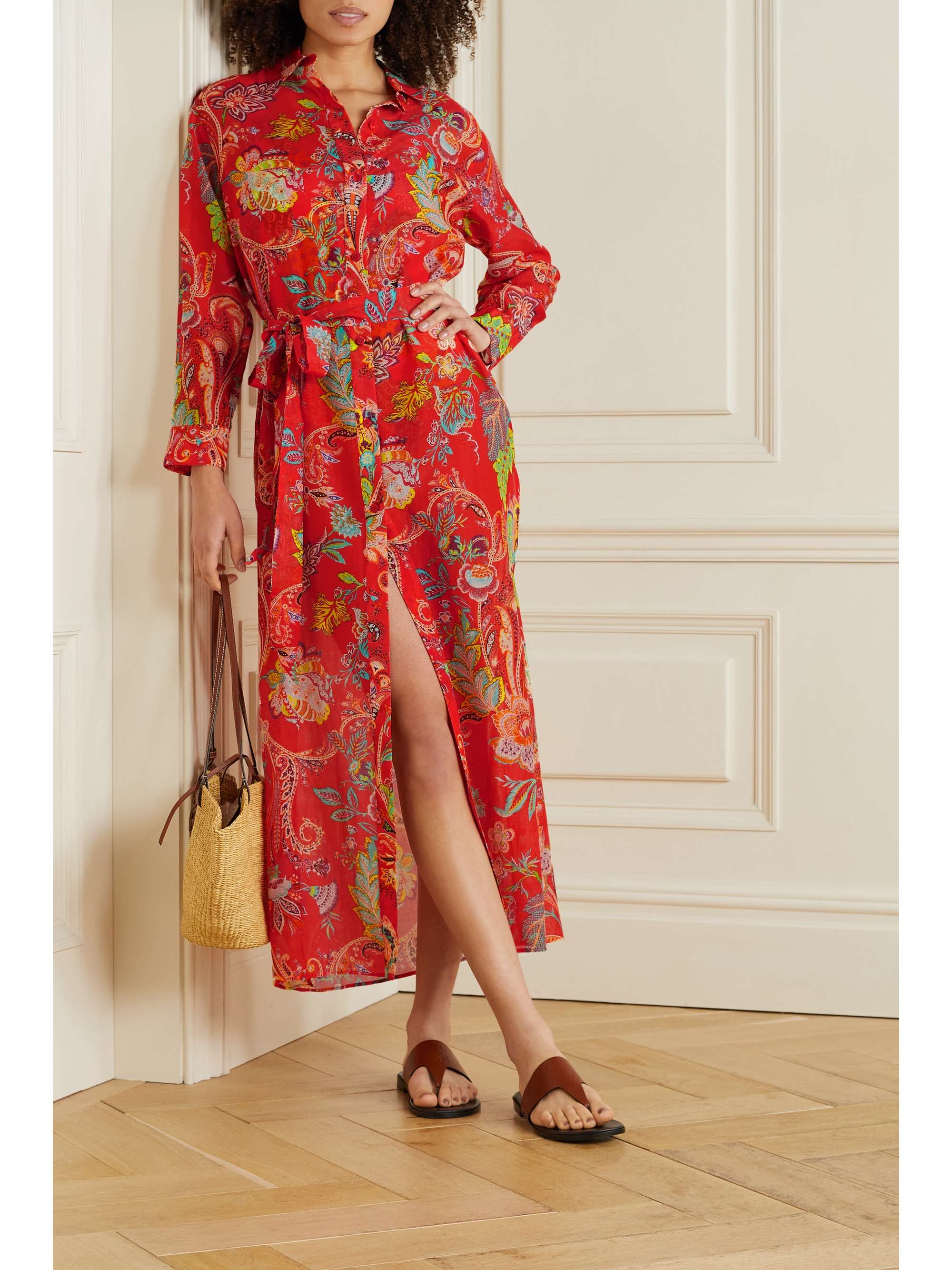 Red Floral-print cotton and silk-blend 