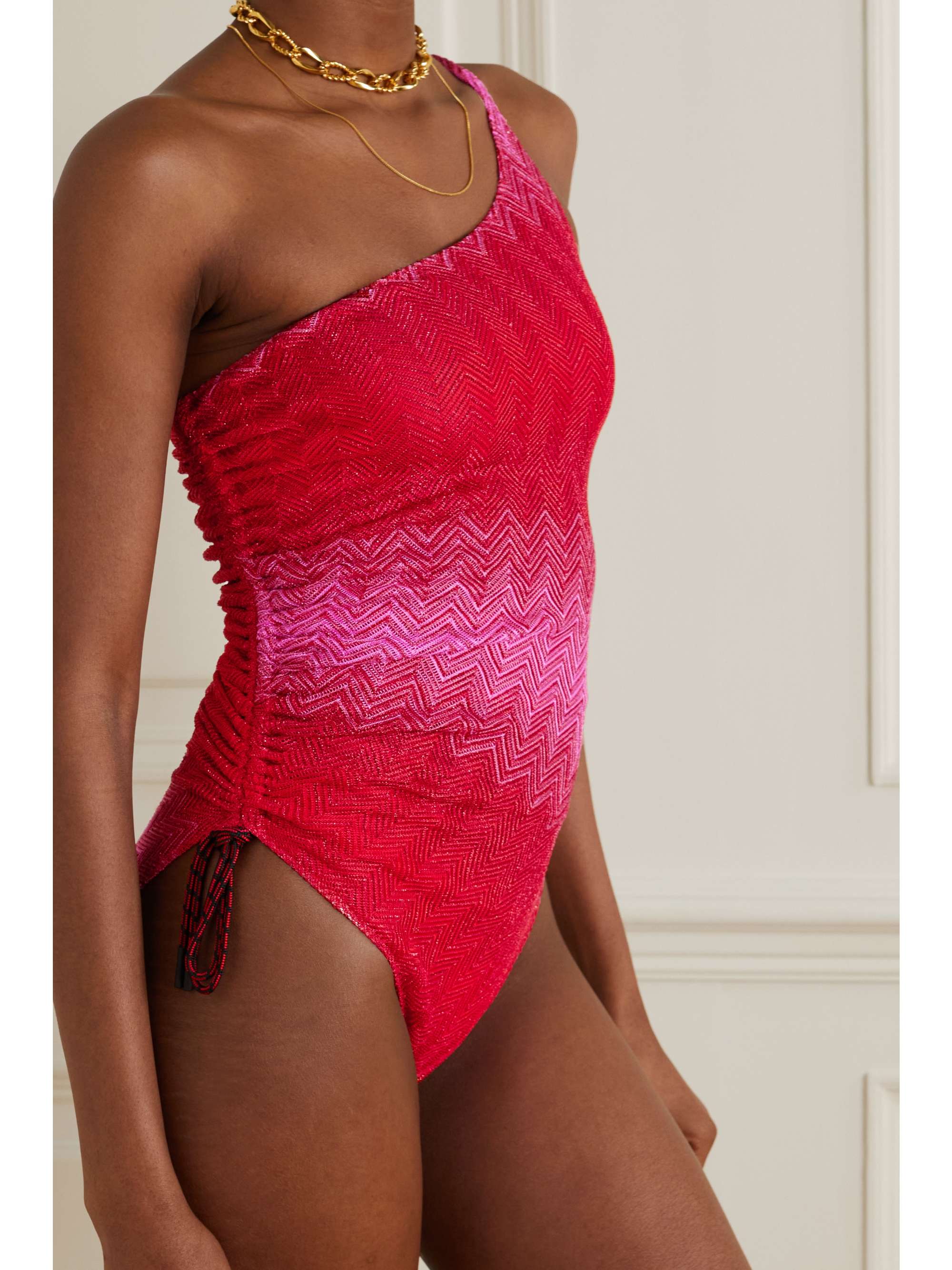 Red Mare One Shoulder Ruched Metallic Crochet Knit Swimsuit Missoni Net A Porter