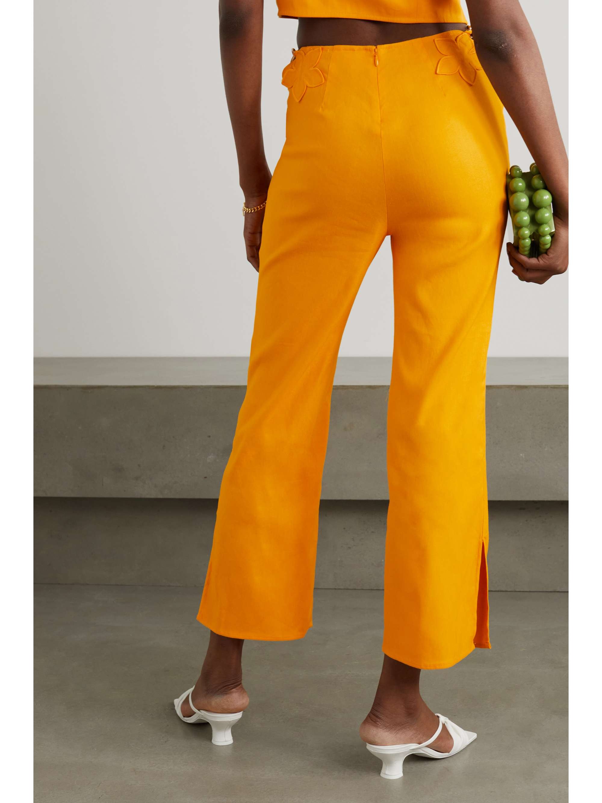 CULT GAIA Grier cropped chain-embellished appliquéd linen-blend wide-leg pants