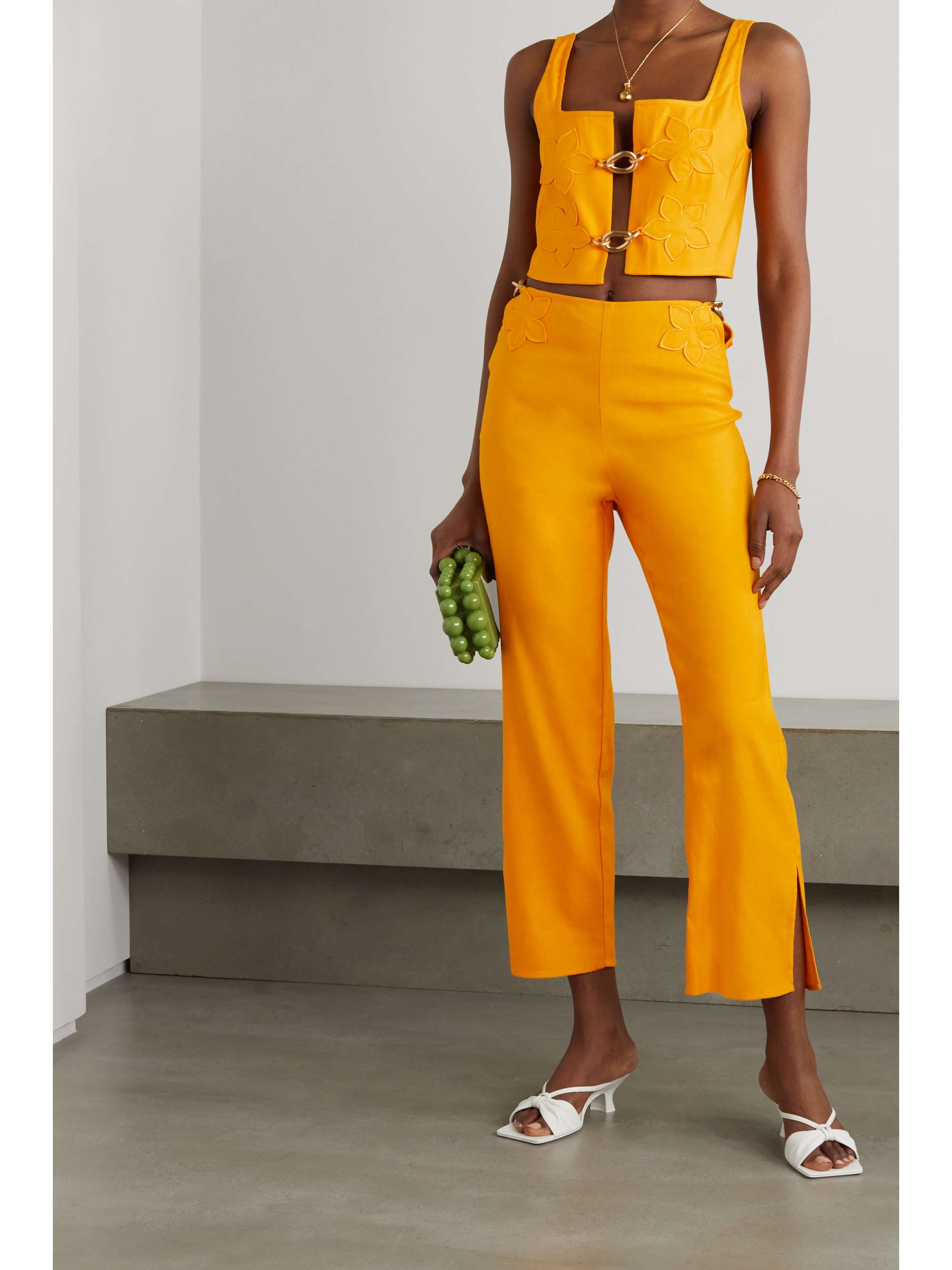 CULT GAIA Grier cropped chain-embellished appliquéd linen-blend wide-leg pants