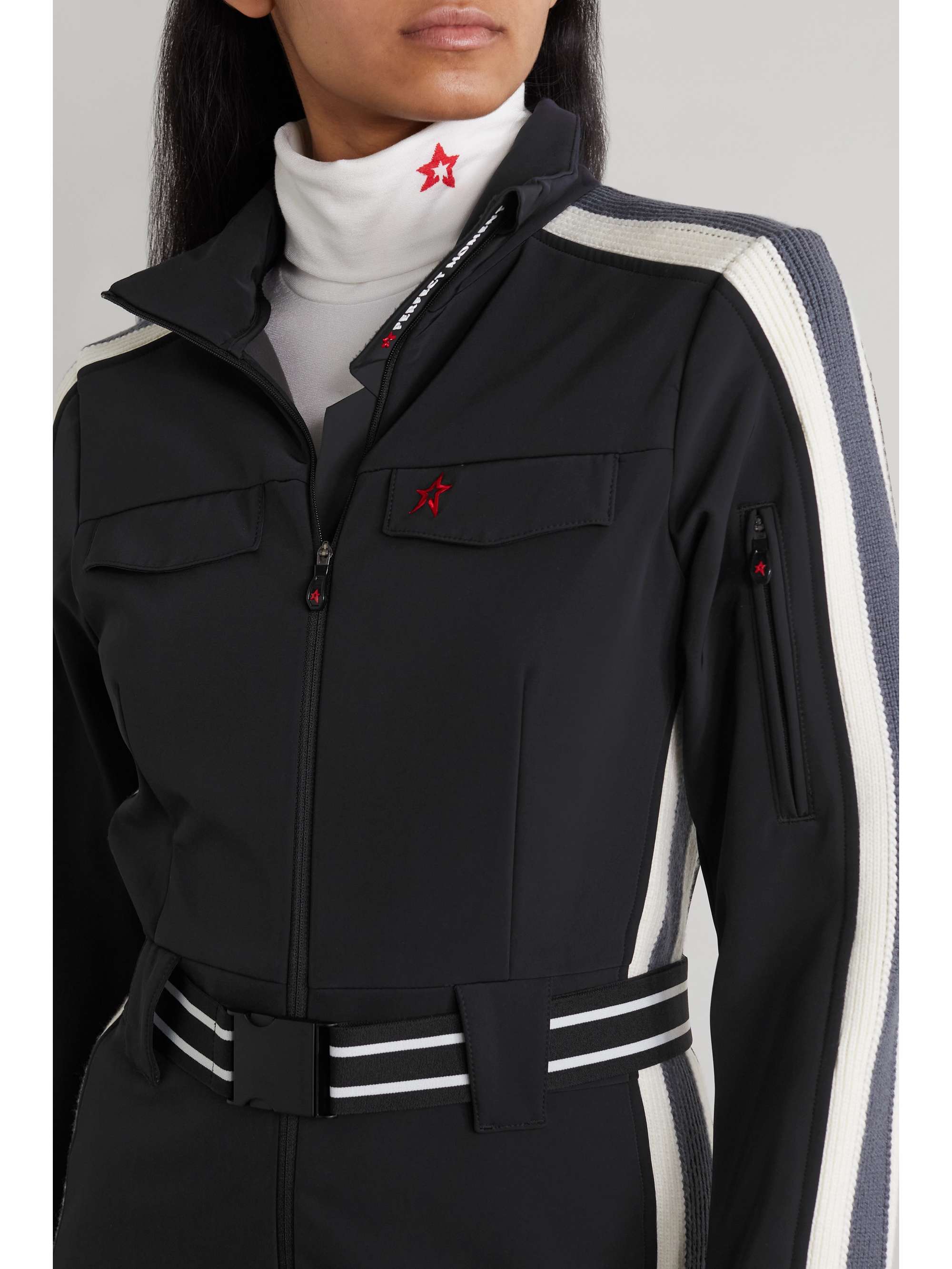 PERFECT MOMENT Crystal belted striped ski suit