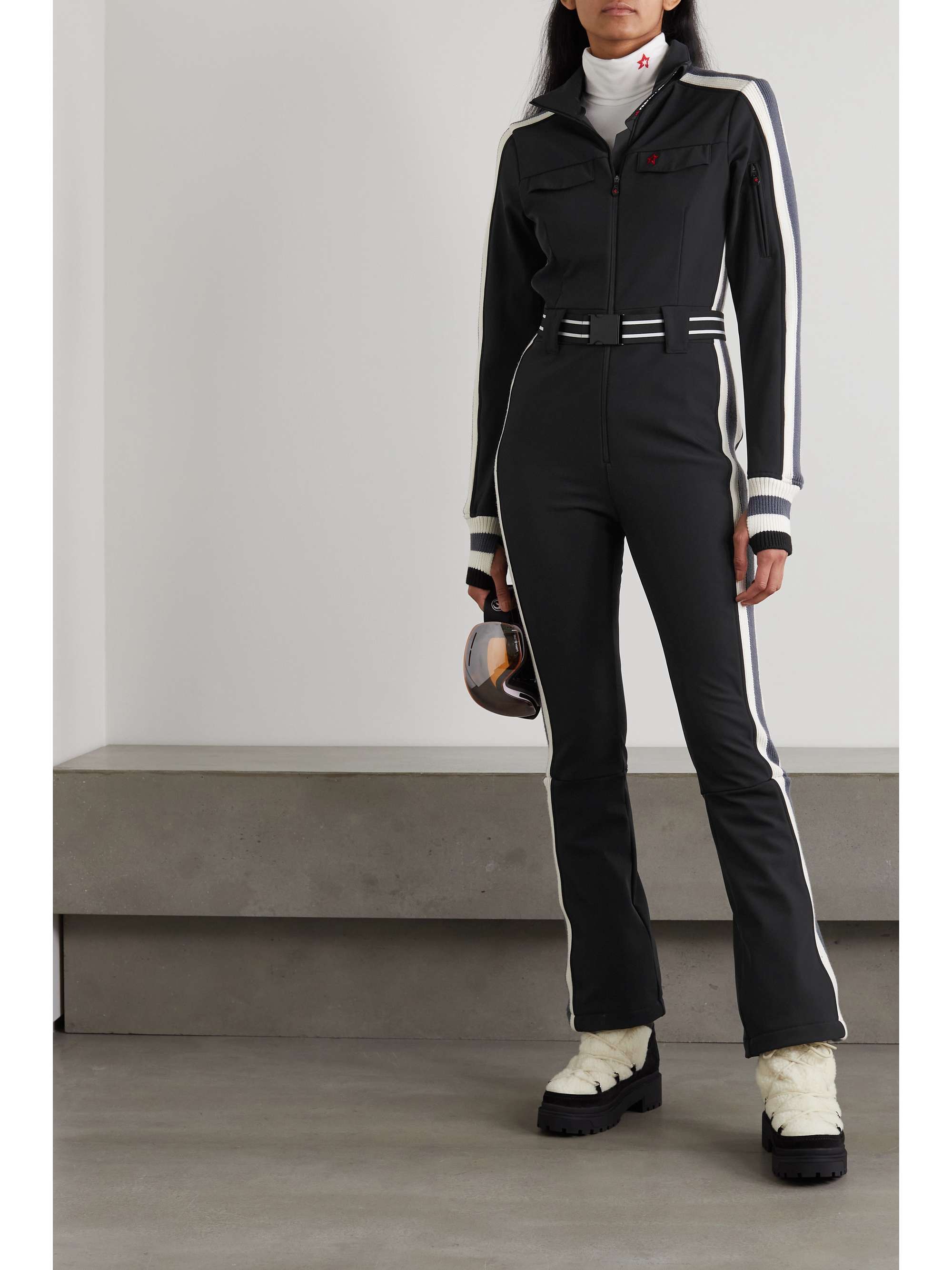 PERFECT MOMENT Crystal belted striped ski suit