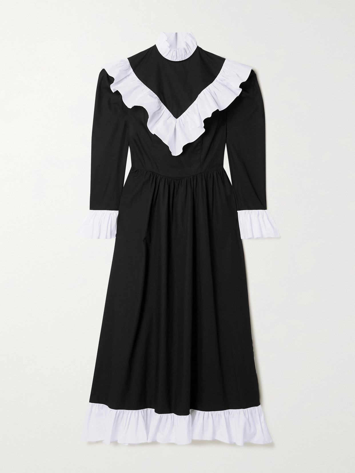 Batsheva Carol Ruffled Two-tone Cotton-poplin Midi Dress In Black