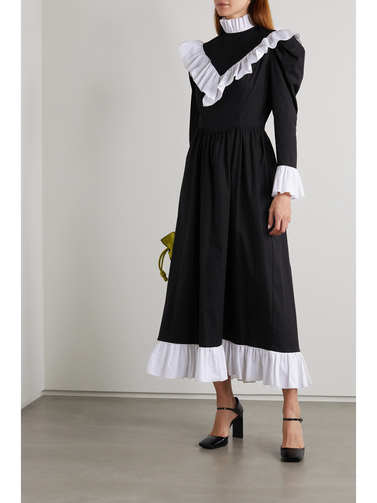 Batsheva Carol Ruffled Two-tone Cotton-poplin Midi Dress In Black