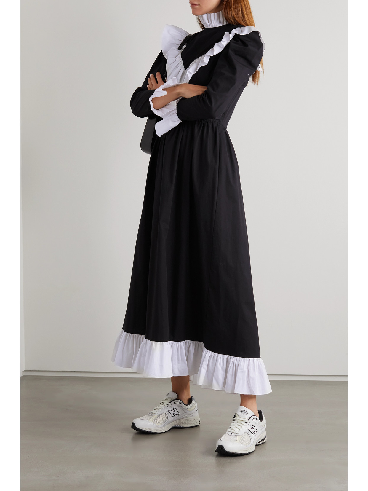 Batsheva Carol Ruffled Two-tone Cotton-poplin Midi Dress In Black