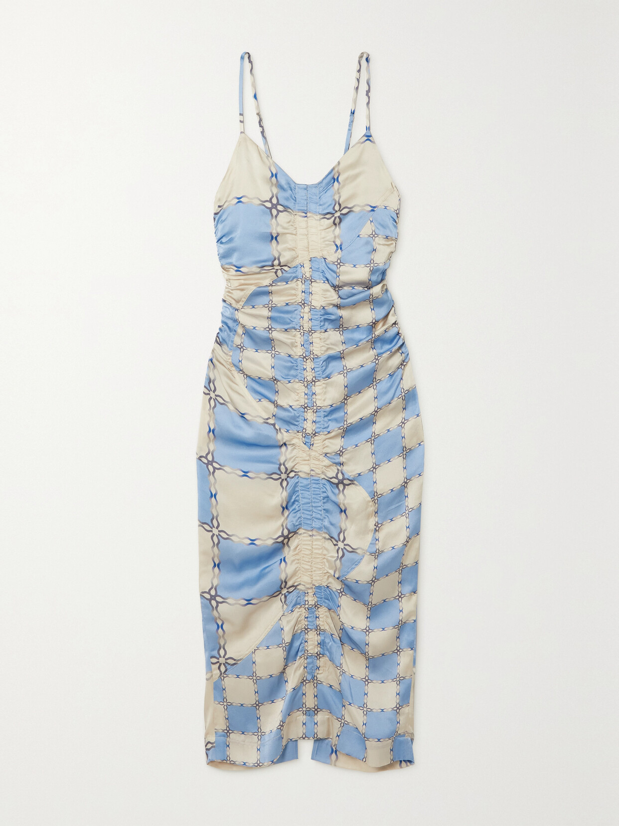 Ahluwalia Augusta Ruched Printed Silk-satin Midi Dress In Neutrals