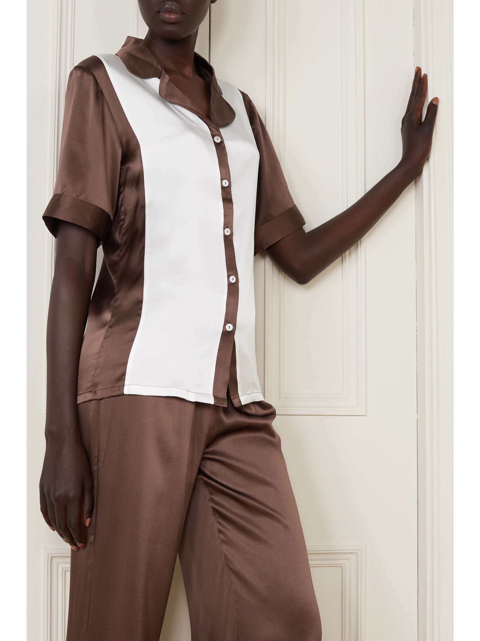 MAISON ESSENTIELE Two-tone silk-charmeuse pajama shirt