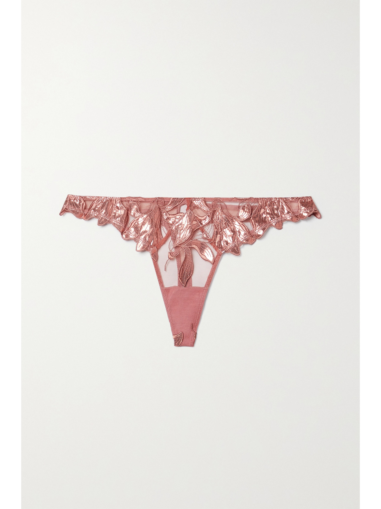 Fleur Du Mal Lily Foil Satin-trimmed Embroidered Stretch-tulle Thong In Pink