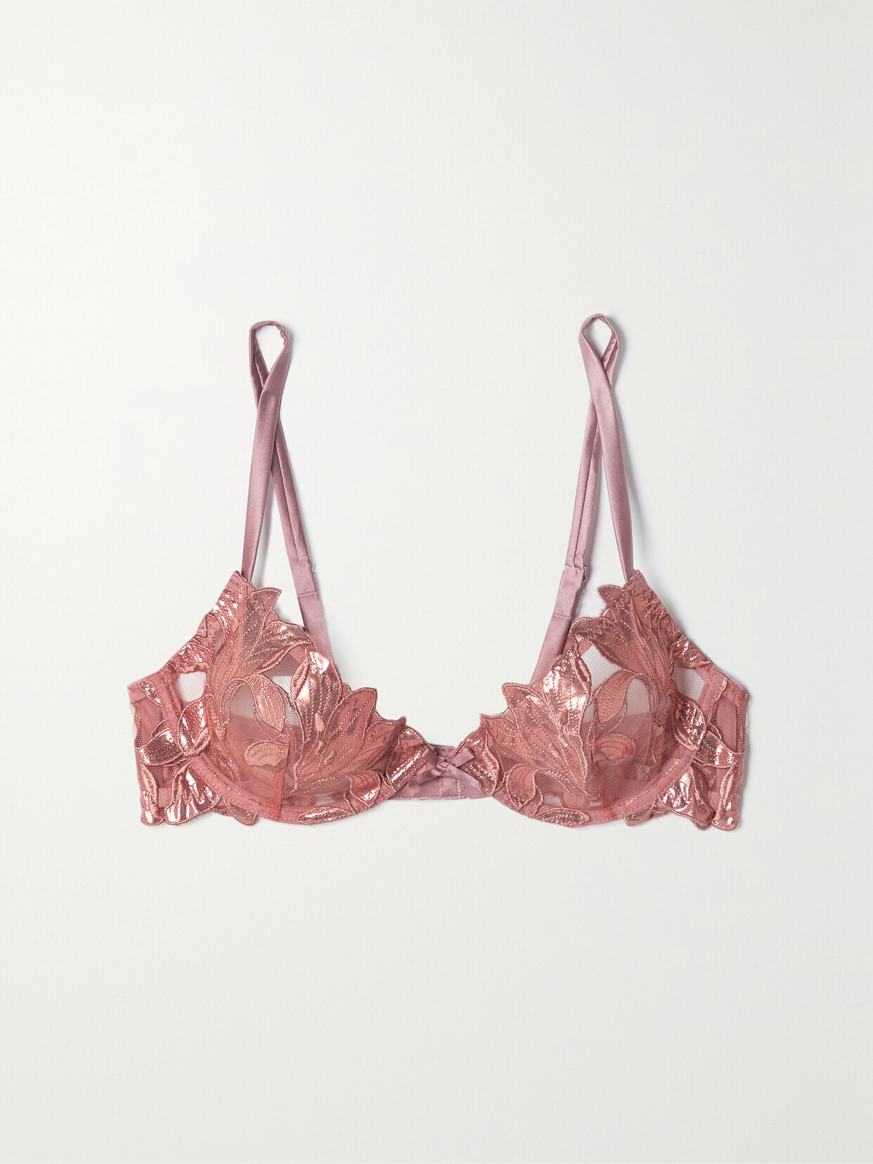 Fleur Du Mal Lily Foil Satin-trimmed Embroidered Stretch-tulle Underwired Bra In Pink