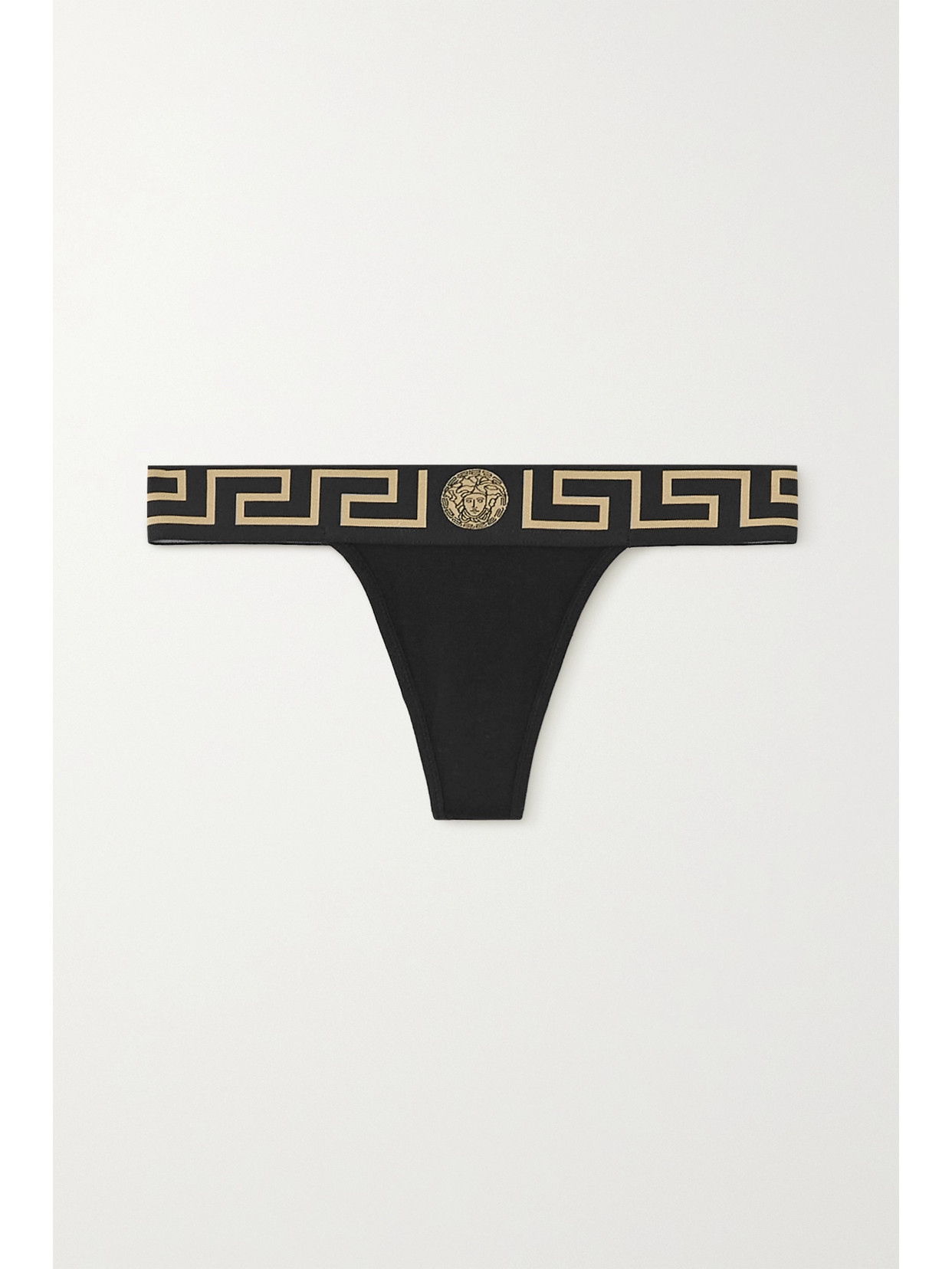Versace Greca Jacquard-trimmed Stretch-cotton Jersey Thong In Black