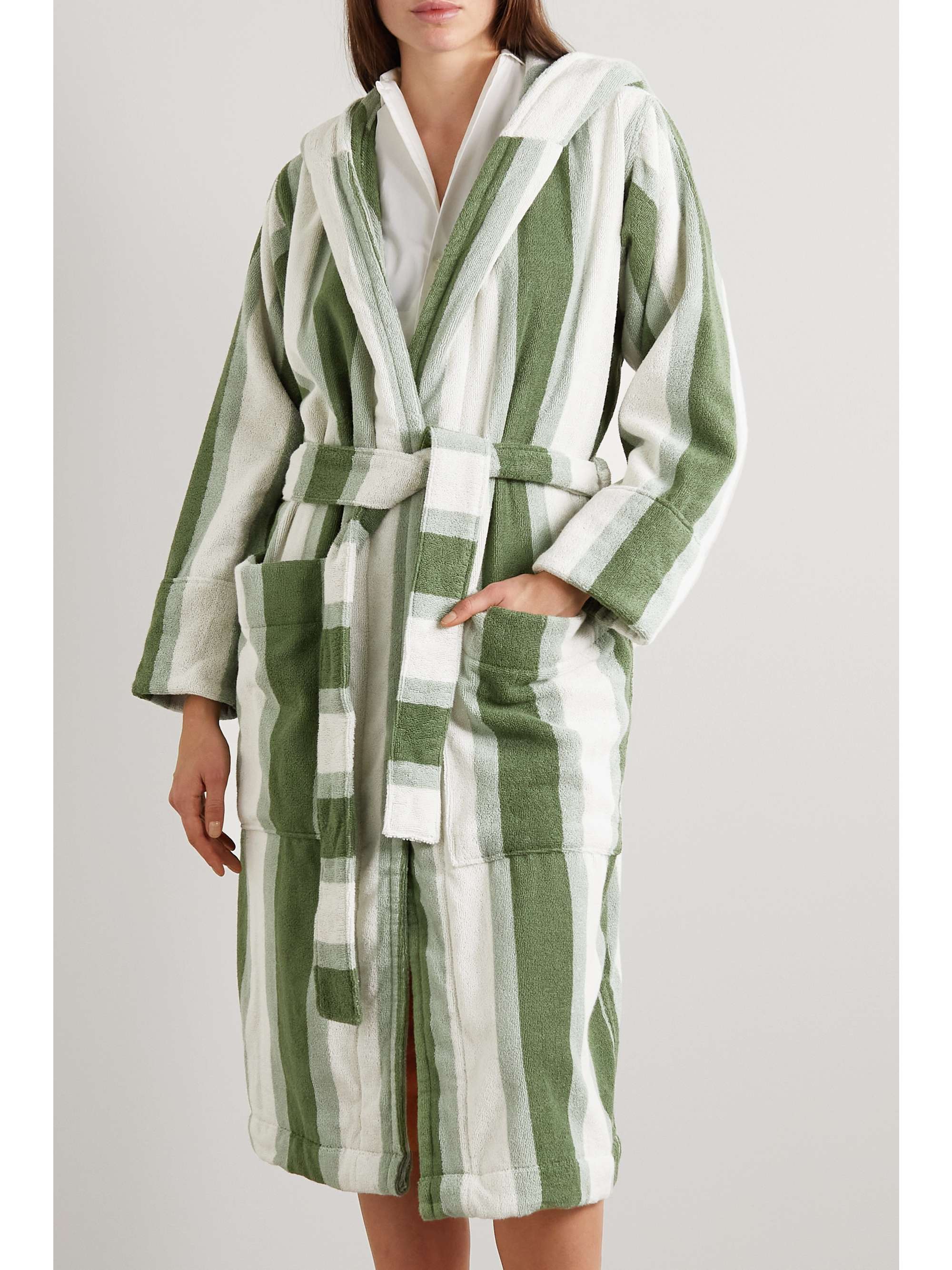 TEKLA Hooded belted striped organic cotton-terry robe