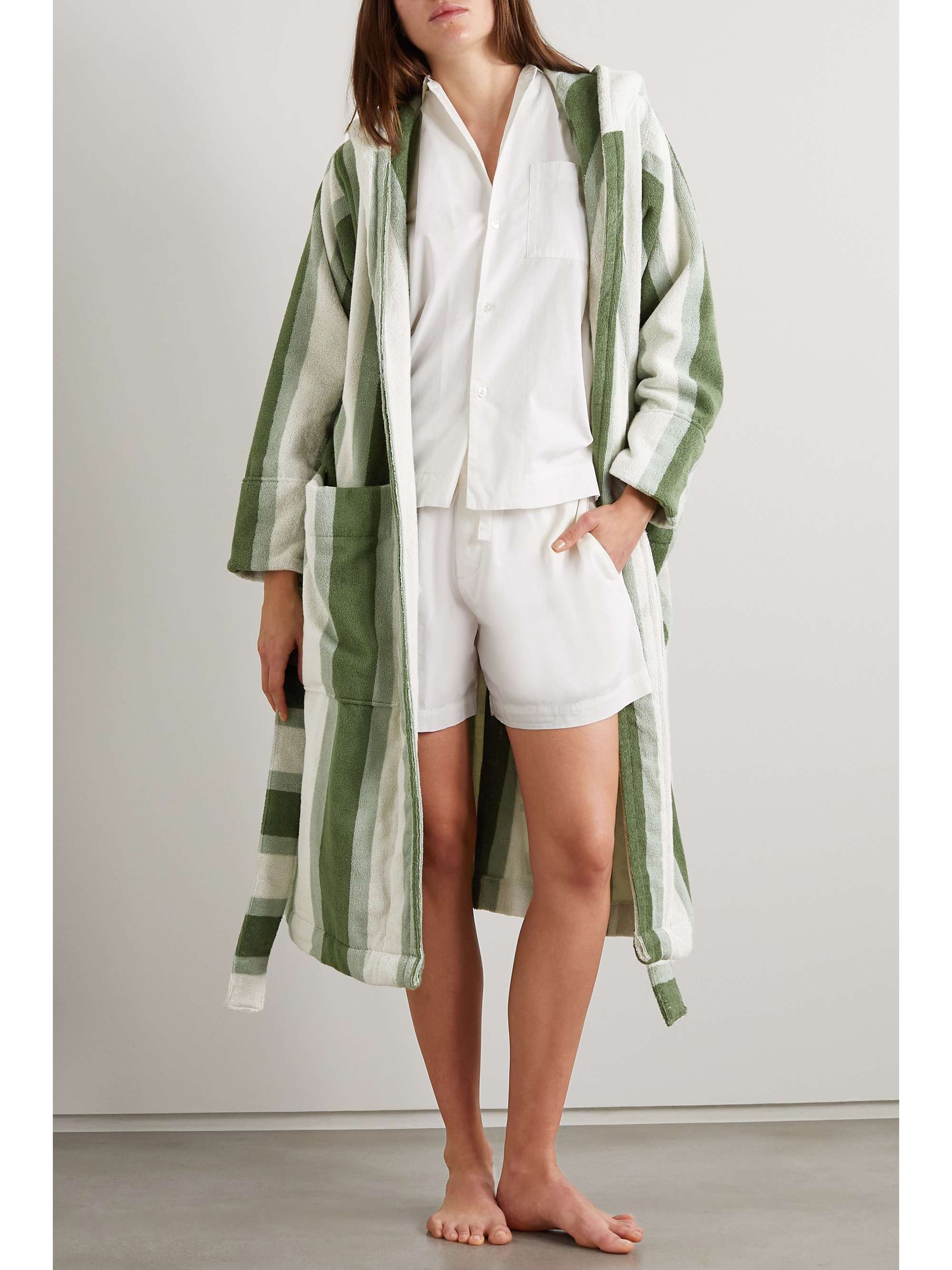 TEKLA Hooded belted striped organic cotton-terry robe
