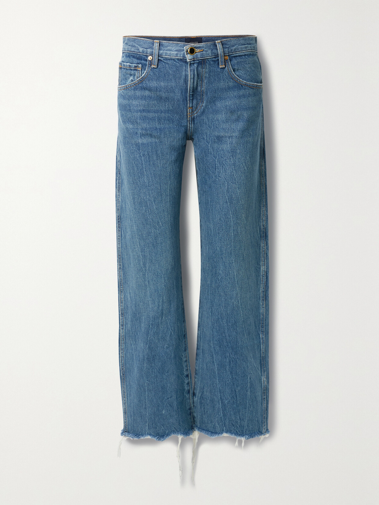 Shop Khaite Kerrie Frayed Mid-rise Straight-leg Jeans In Blue